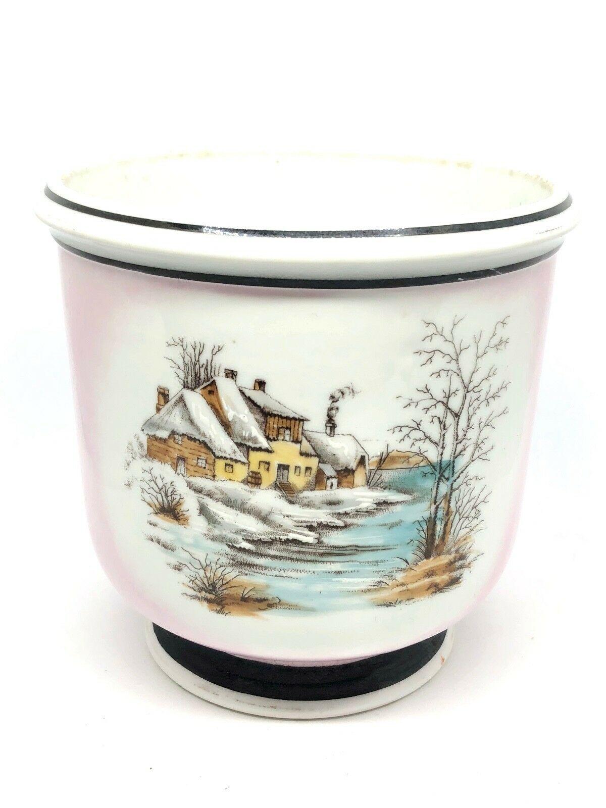 Art Nouveau Planter Porcelain Cachepot Hand Painted Winter Landscape German 1910 For Sale 2