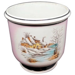 Art Nouveau Planter Porcelain Cachepot Hand Painted Winter Landscape German 1910