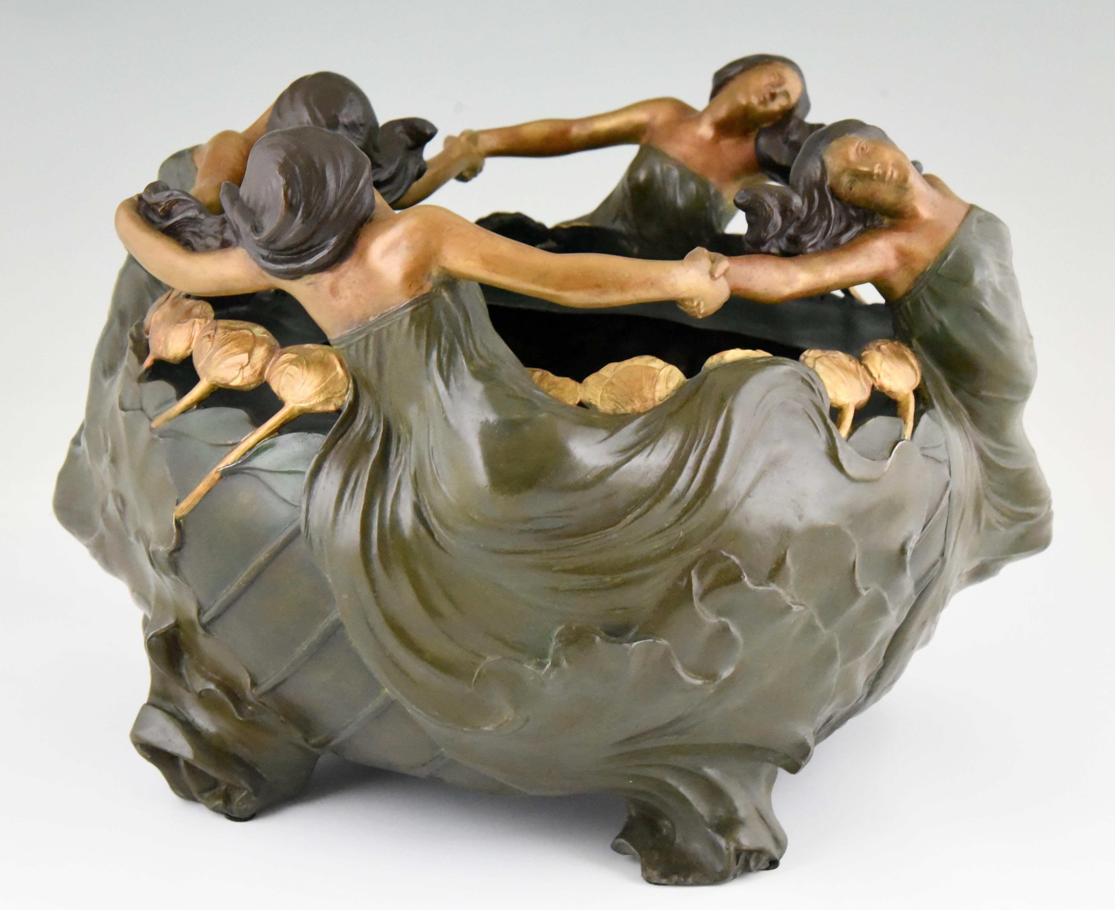 Patinated Art Nouveau Planter with Woman and Flowers La Ronde by Maurel France, 1900