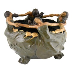 Antique Art Nouveau Planter with Woman and Flowers La Ronde by Maurel France, 1900