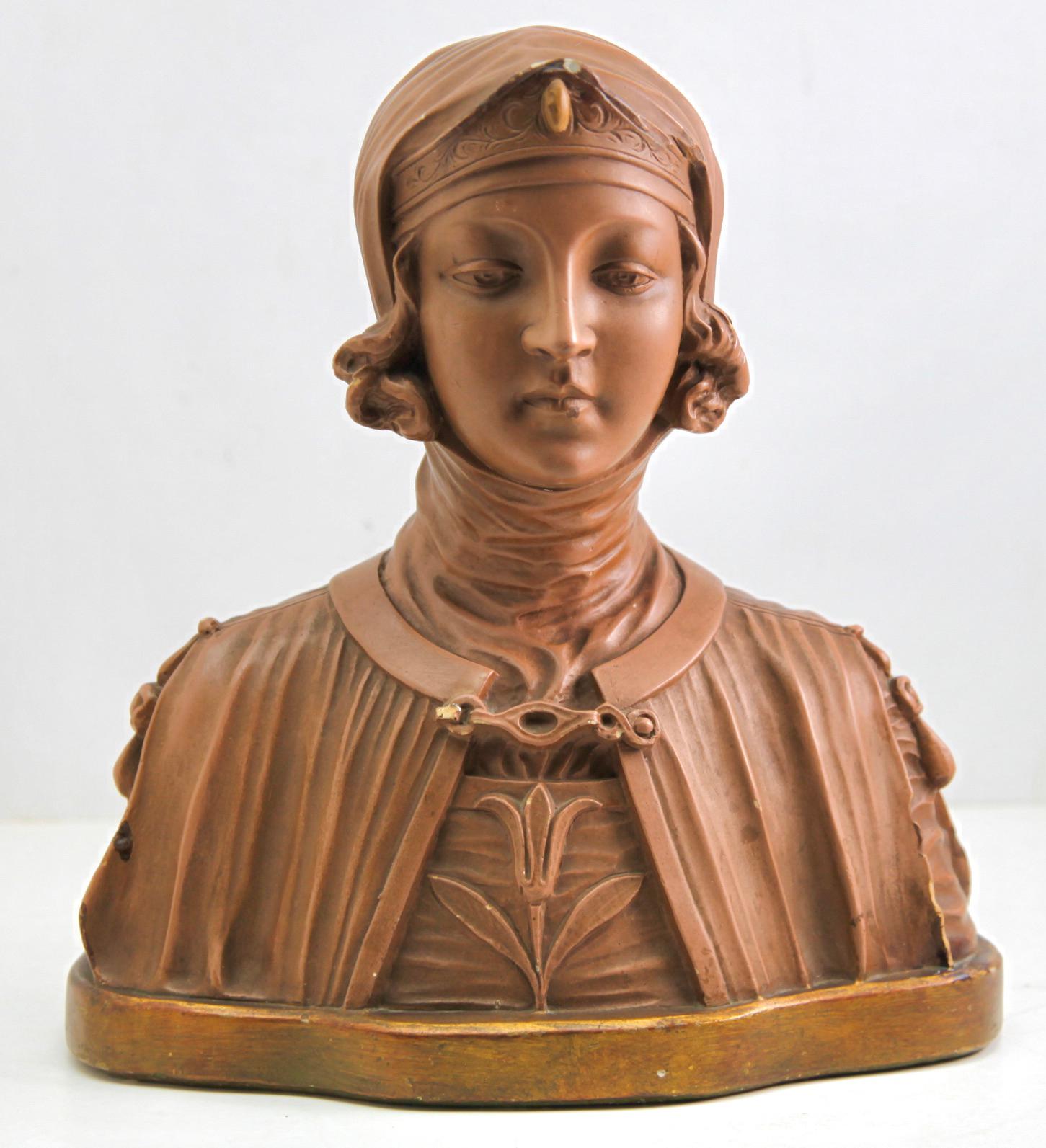 Art Nouveau 'Plaster' Detailed and Stylized Image of a Women's Buste
Beautifully Detailed
1935, France Signed: Depose C.G.390

The Buste is in good condition with a nice age patina. 
With tiny losses to the Plaster see Picture

With best