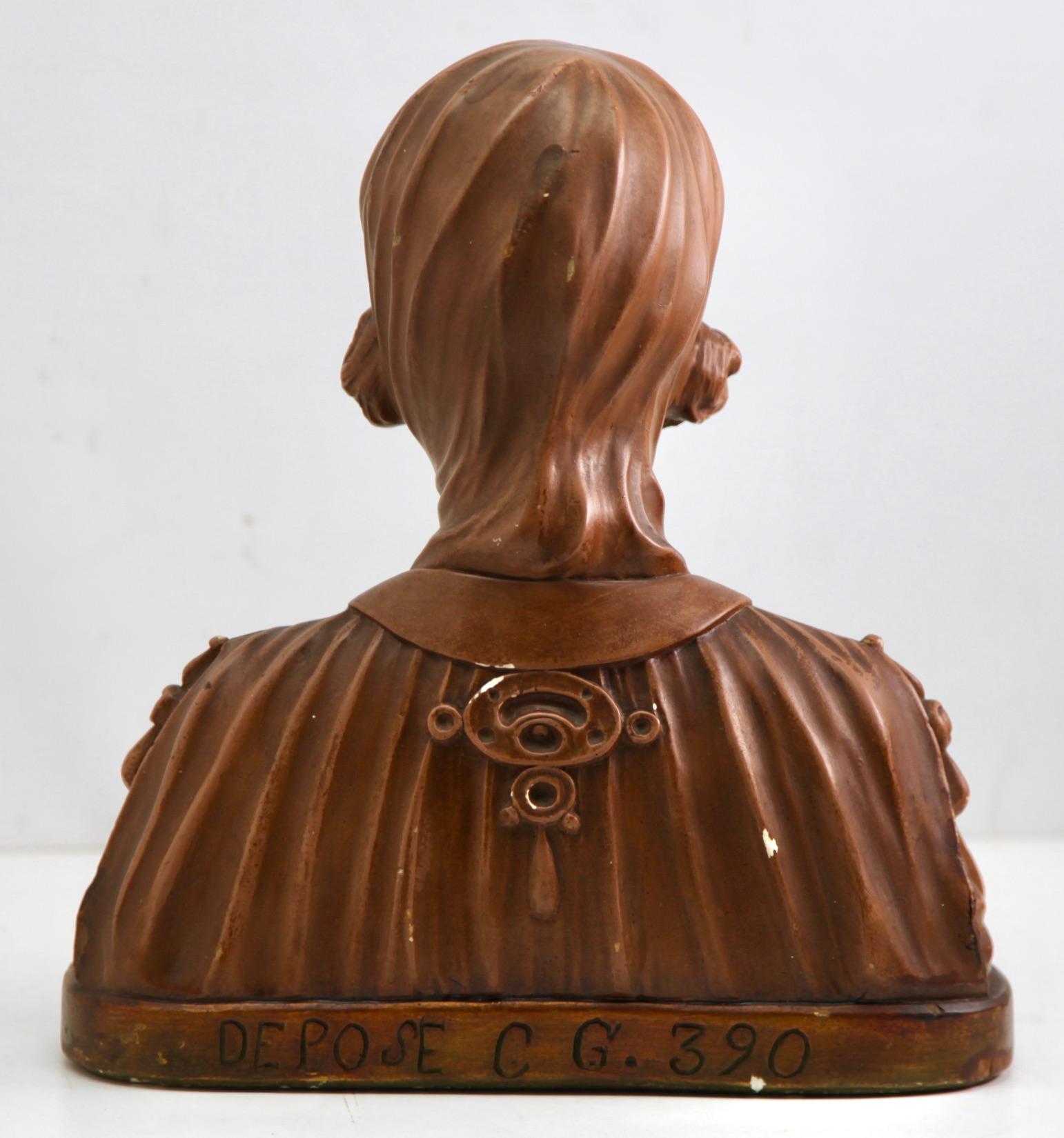 Hand-Crafted Art Nouveau 'Plaster' Detailed and Stylized Image of a Women's Buste Signed C.G. For Sale