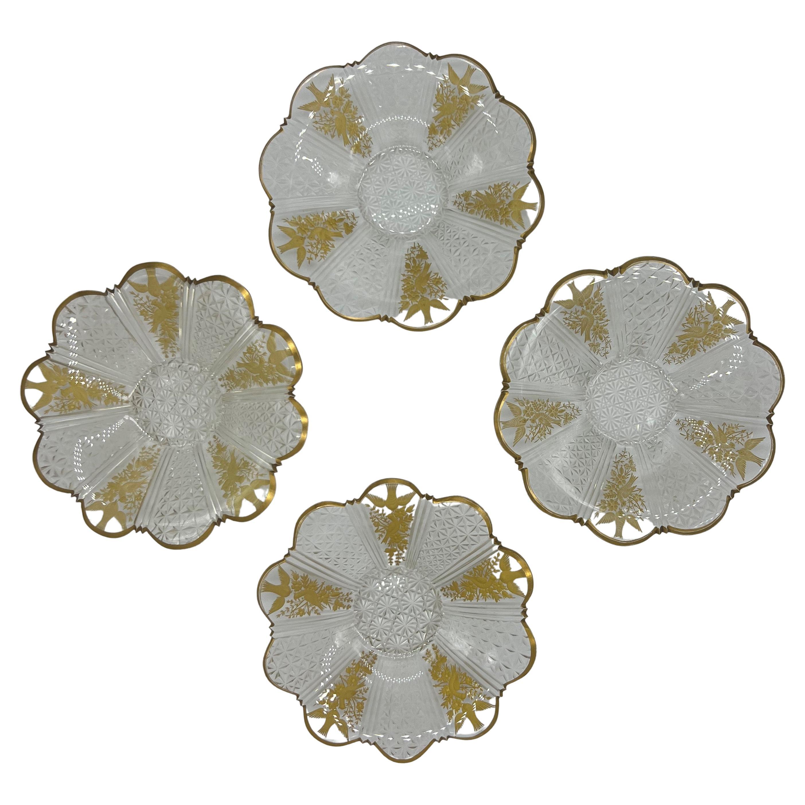 Art Nouveau plate, fine cut, Bohemia, Austria, gilded, set of four plates, bird pattern, good condition.