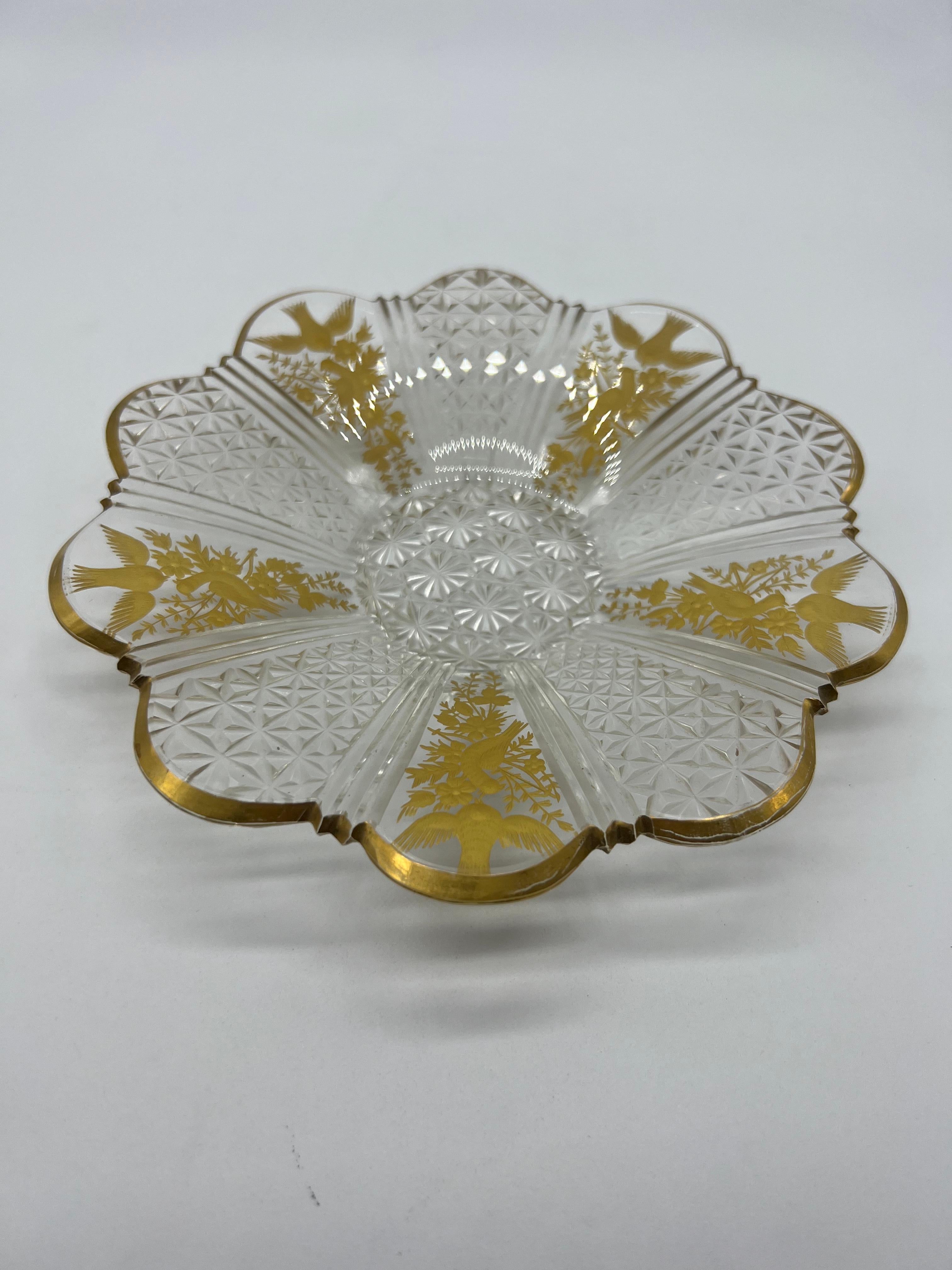Crystal Art Nouveau Plate, Fine Cut, Bohemia, Gilded For Sale