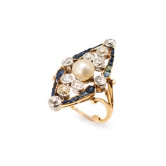 Art Nouveau Platinum 18K Gold 1.77ctw Pearl Sapphire Diamond Navette Ring