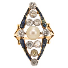 Art Nouveau Platinum 18K Gold 1.77ctw Pearl Sapphire Diamond Navette Ring
