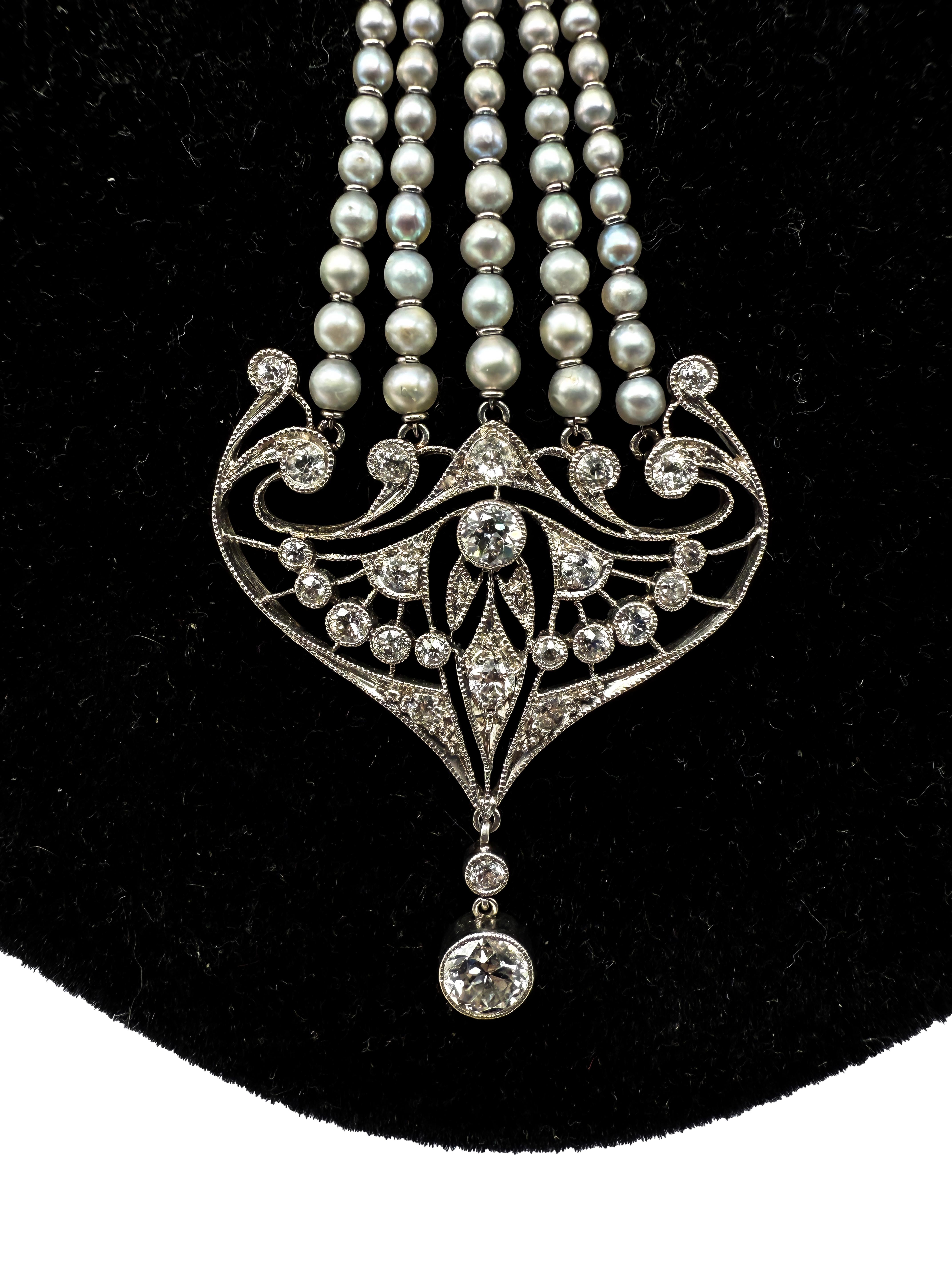 da uomo o donna Collier Art Nouveau in platino con diamanti e perle in vendita