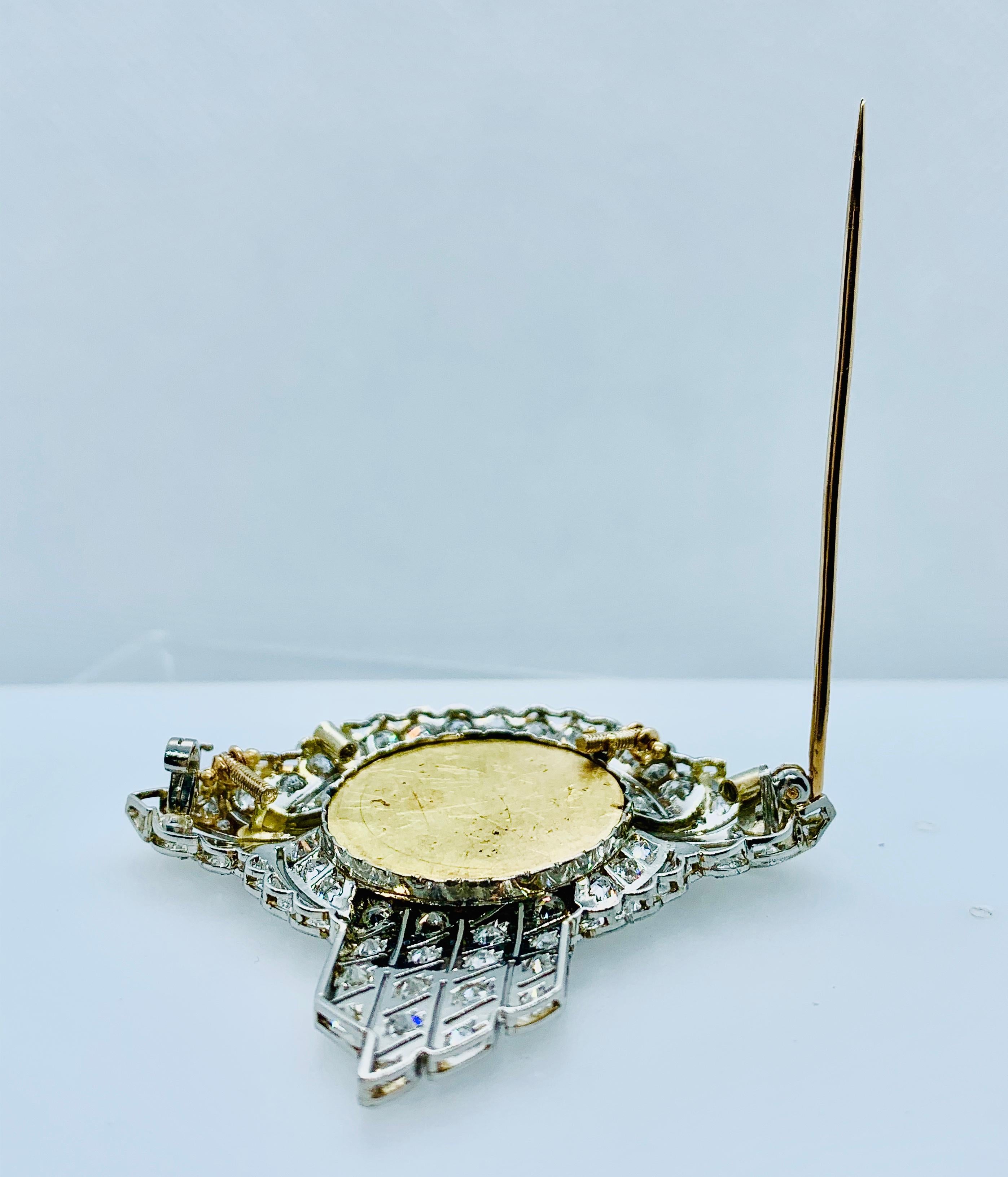 Art Nouveau Platinum Diamond and 18 Karat Yellow Gold Brooch with Ladies Profile For Sale 3