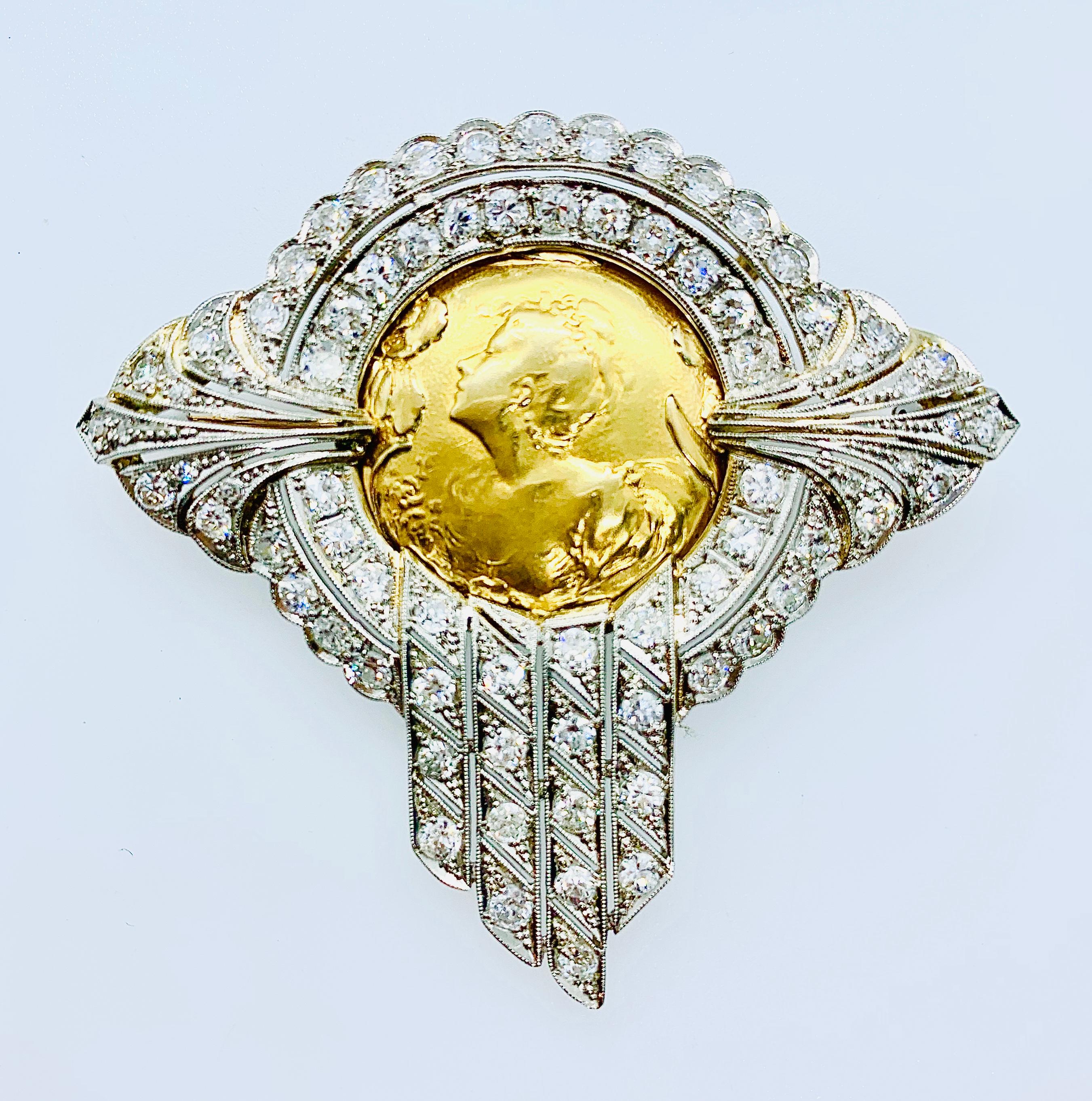 Art Nouveau Platinum Diamond and 18 Karat Yellow Gold Brooch with Ladies Profile For Sale 4