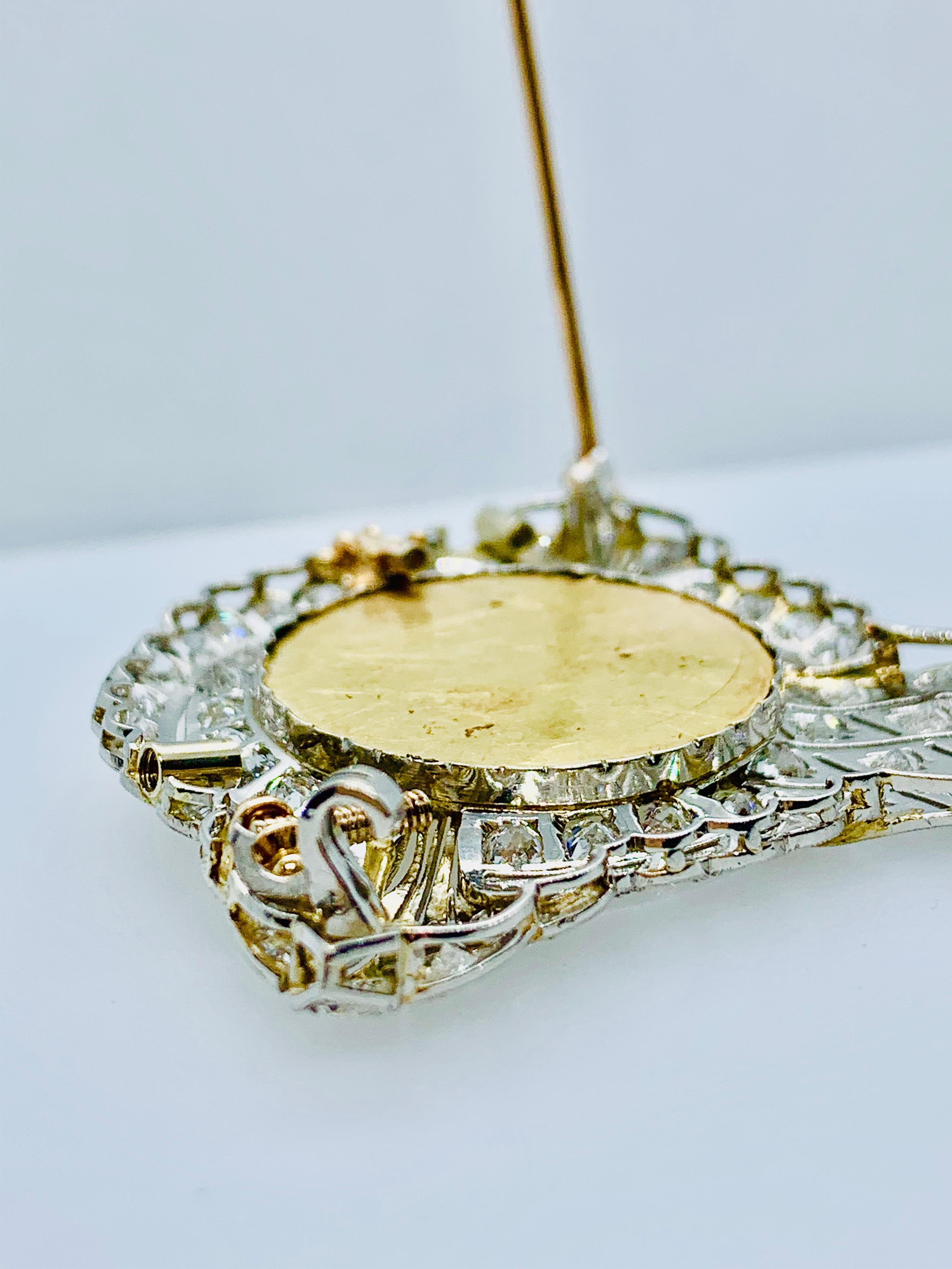 Art Nouveau Platinum Diamond and 18 Karat Yellow Gold Brooch with Ladies Profile For Sale 5