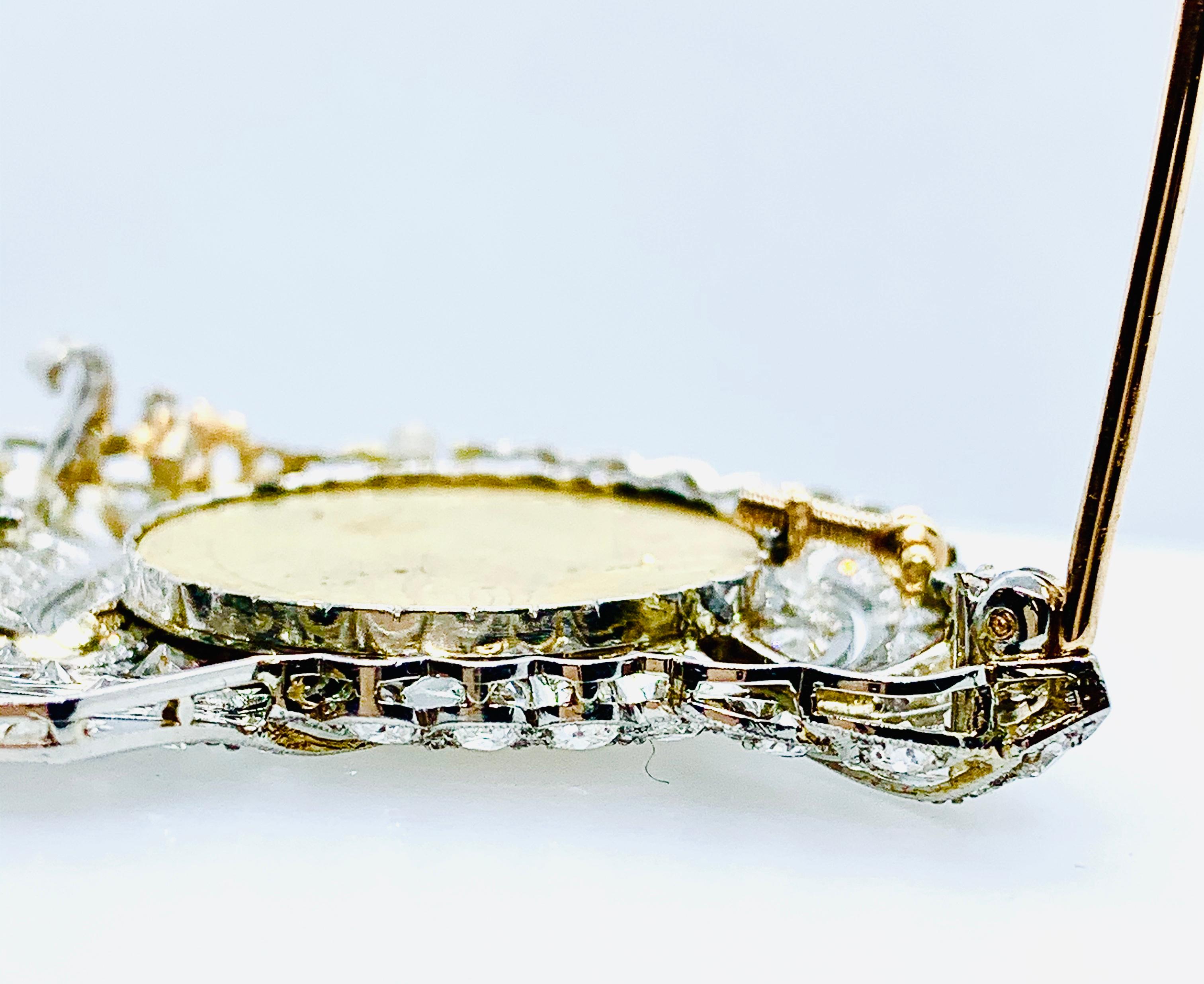 Art Nouveau Platinum Diamond and 18 Karat Yellow Gold Brooch with Ladies Profile For Sale 6