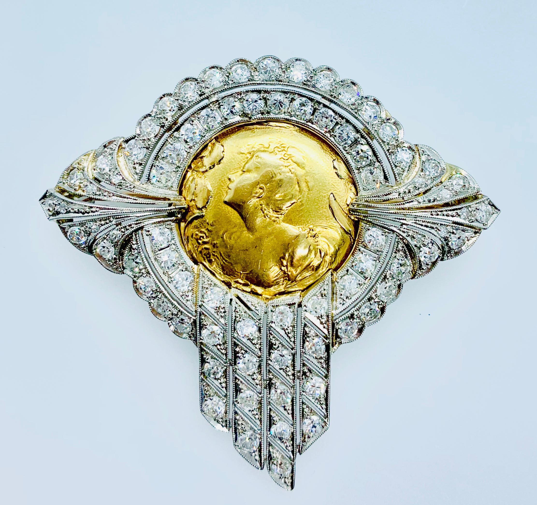 Art Nouveau Platinum Diamond and 18 Karat Yellow Gold Brooch with Ladies Profile For Sale 7