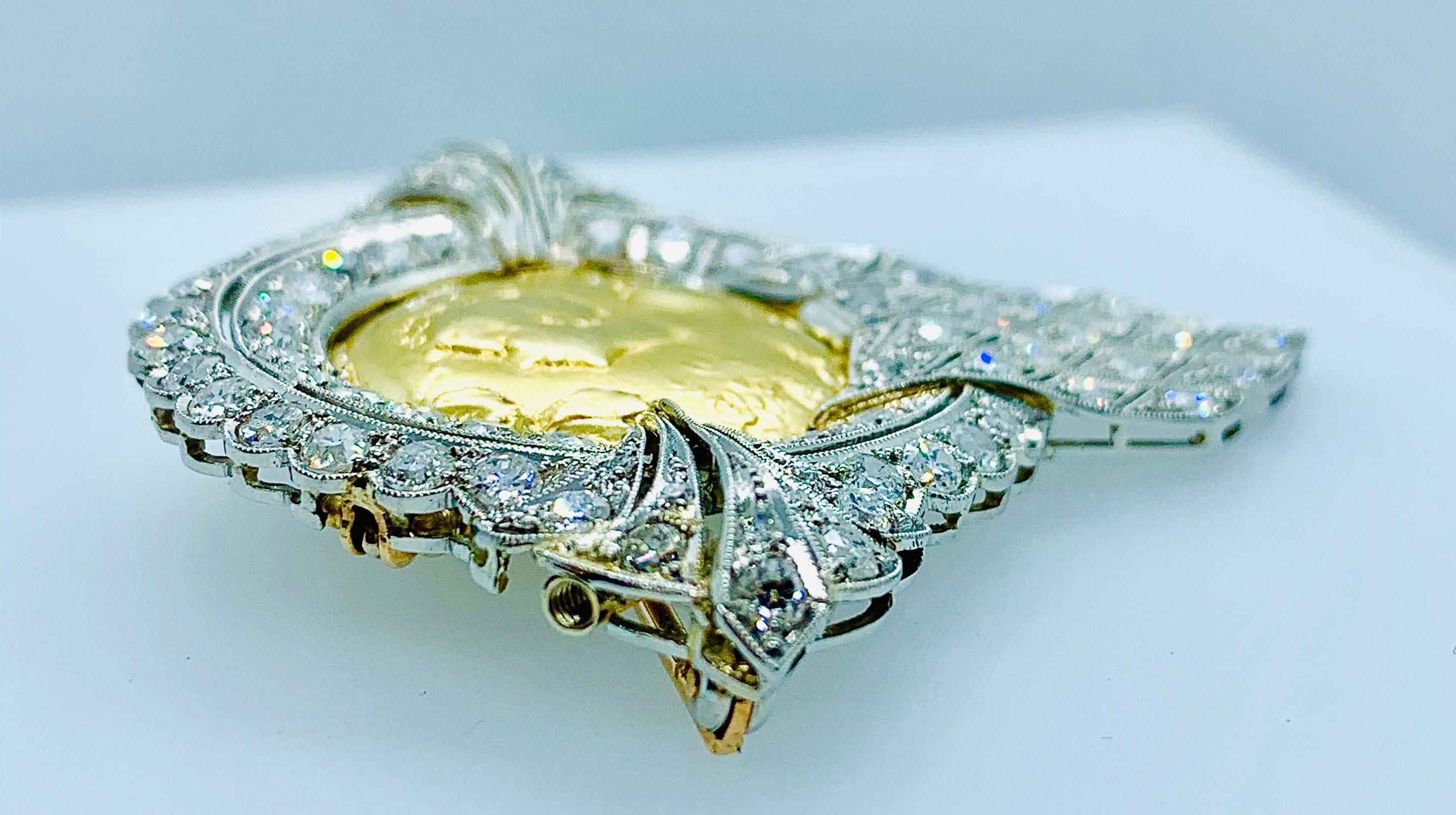 Women's or Men's Art Nouveau Platinum Diamond and 18 Karat Yellow Gold Brooch with Ladies Profile For Sale