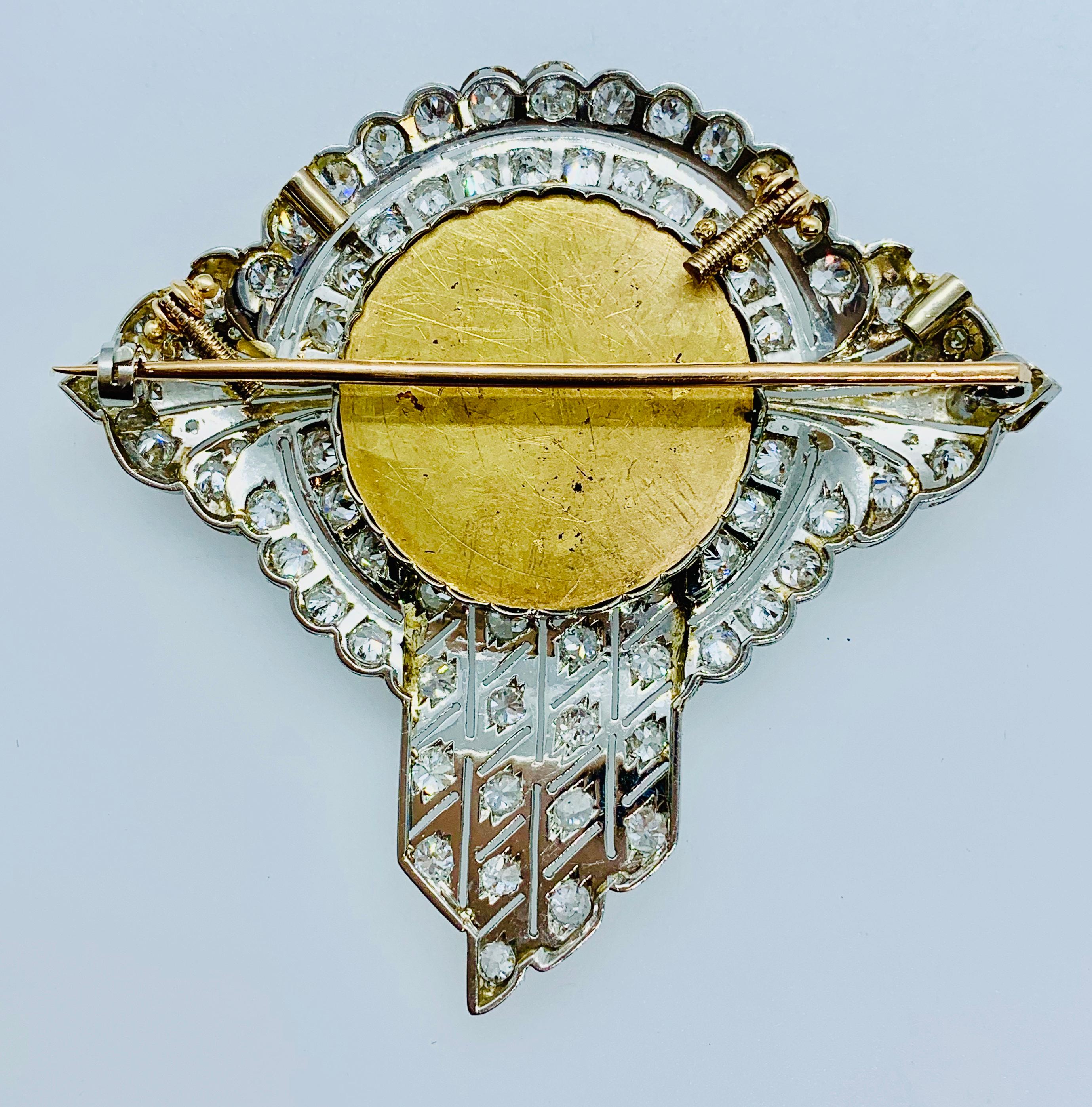 Art Nouveau Platinum Diamond and 18 Karat Yellow Gold Brooch with Ladies Profile For Sale 2