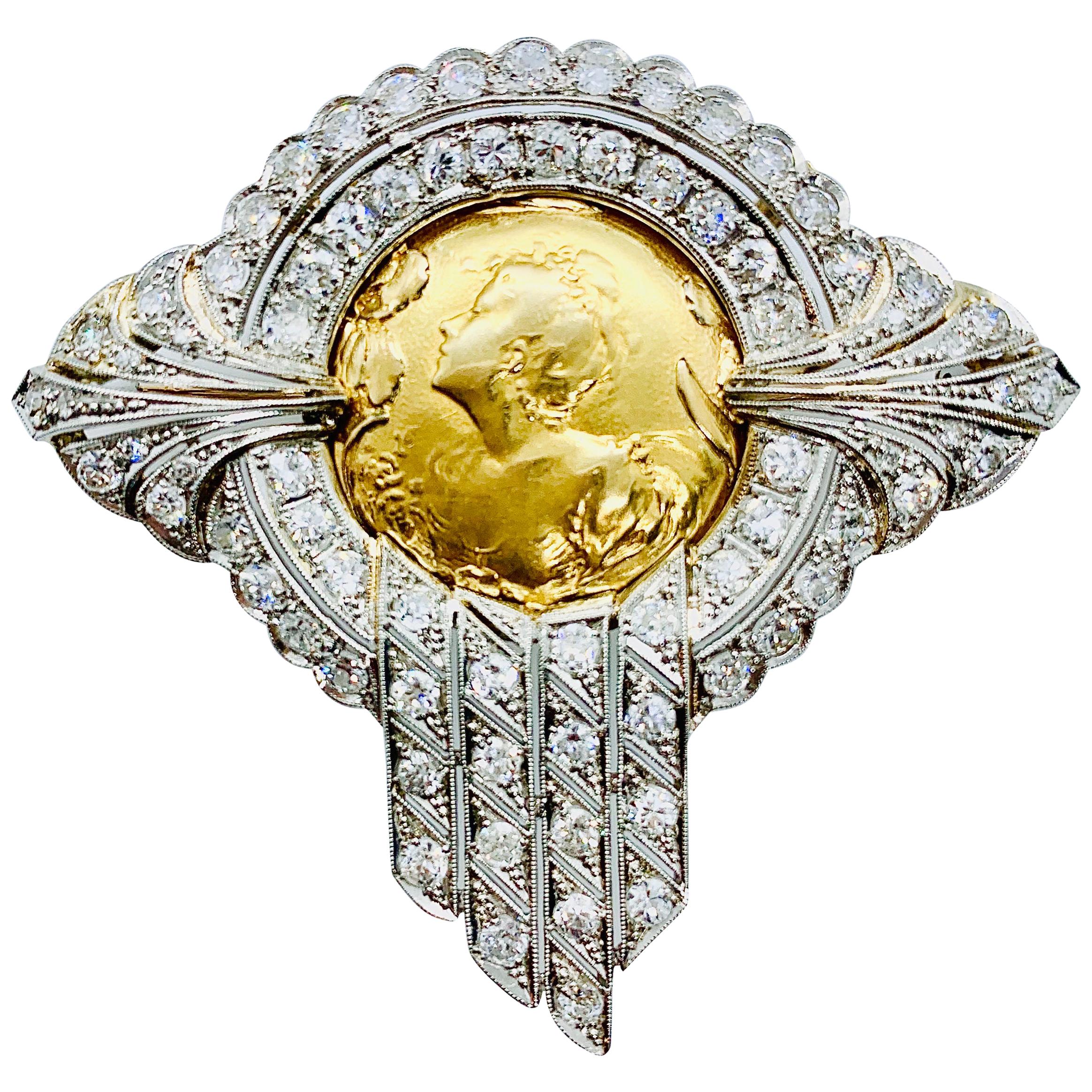 Art Nouveau Platinum Diamond and 18 Karat Yellow Gold Brooch with Ladies Profile For Sale
