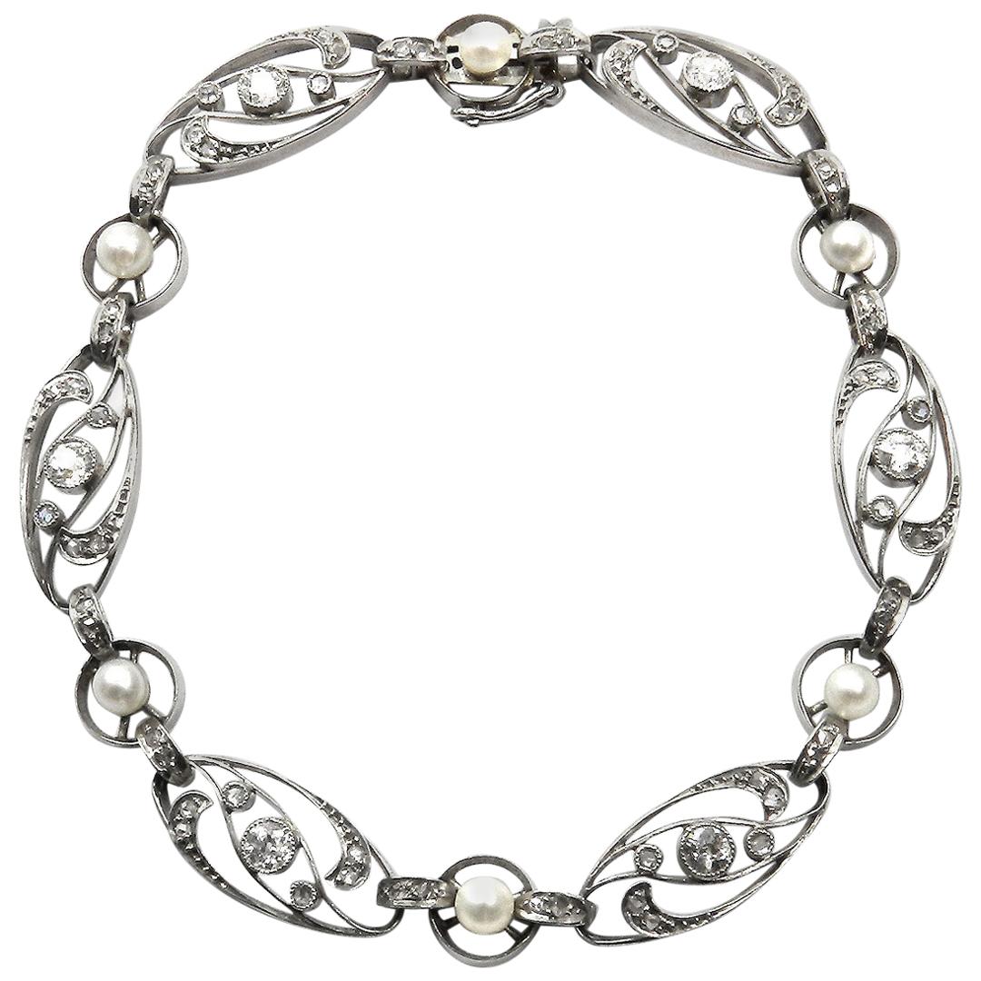 Art Nouveau Platinum Diamond Pearl Convertible Bracelet or Necklace, Paris, 1915