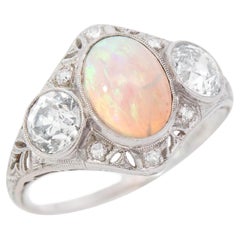 Jugendstil Platin Opal und Diamant Filigraner Ring