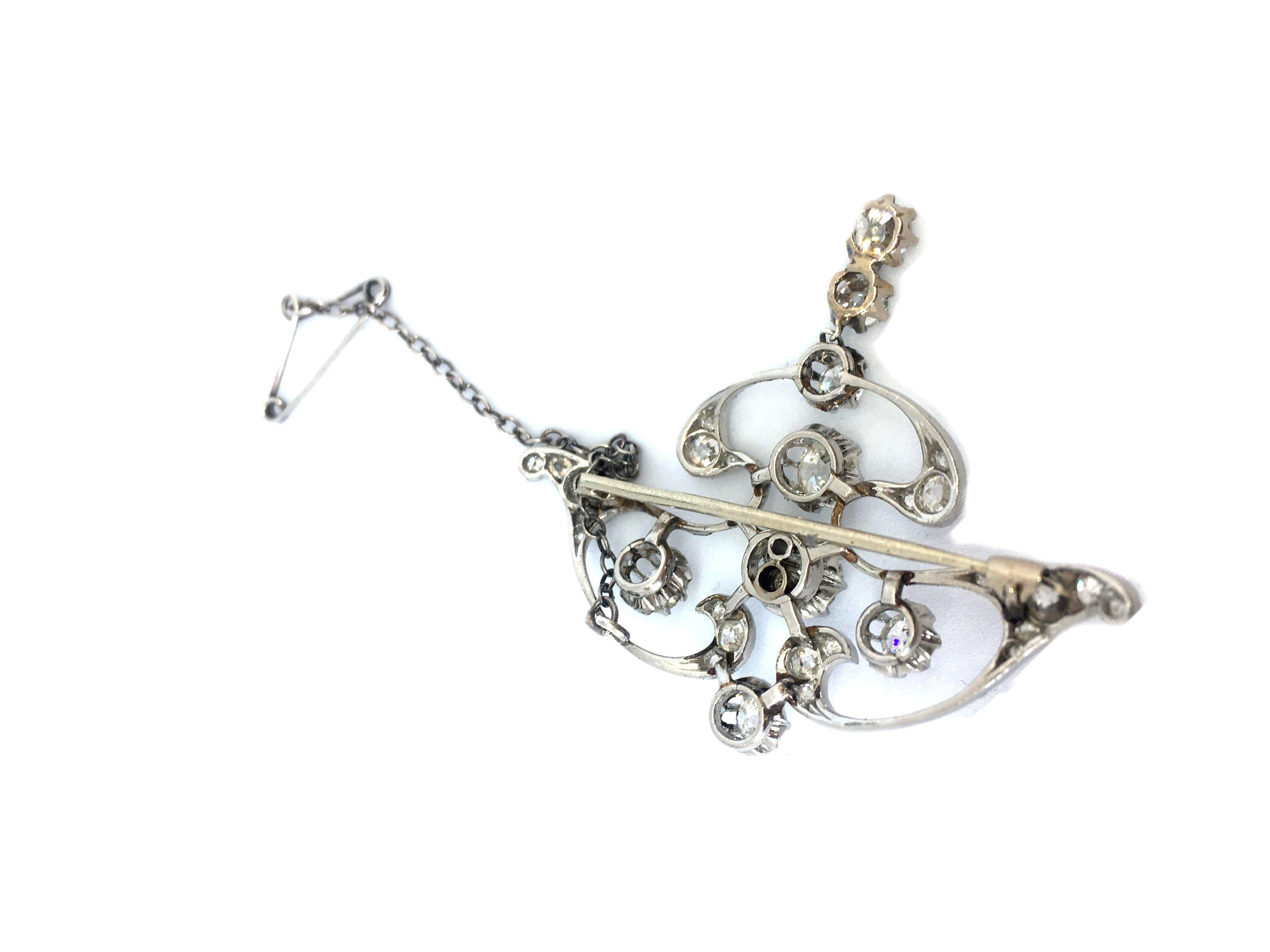 Old European Cut Art Nouveau Platinum White Diamond Pendant Brooch For Sale