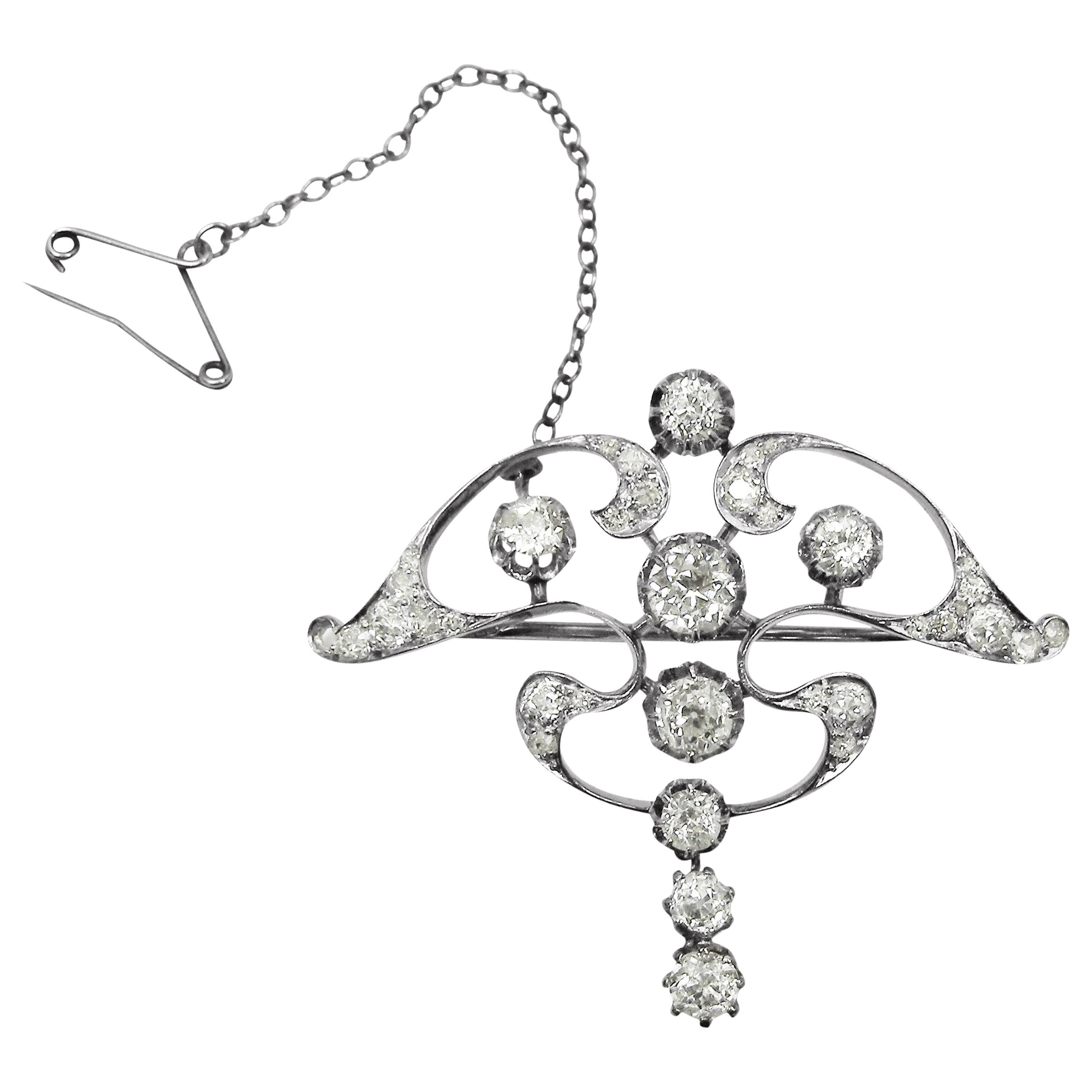 Art Nouveau Platinum White Diamond Pendant Brooch For Sale