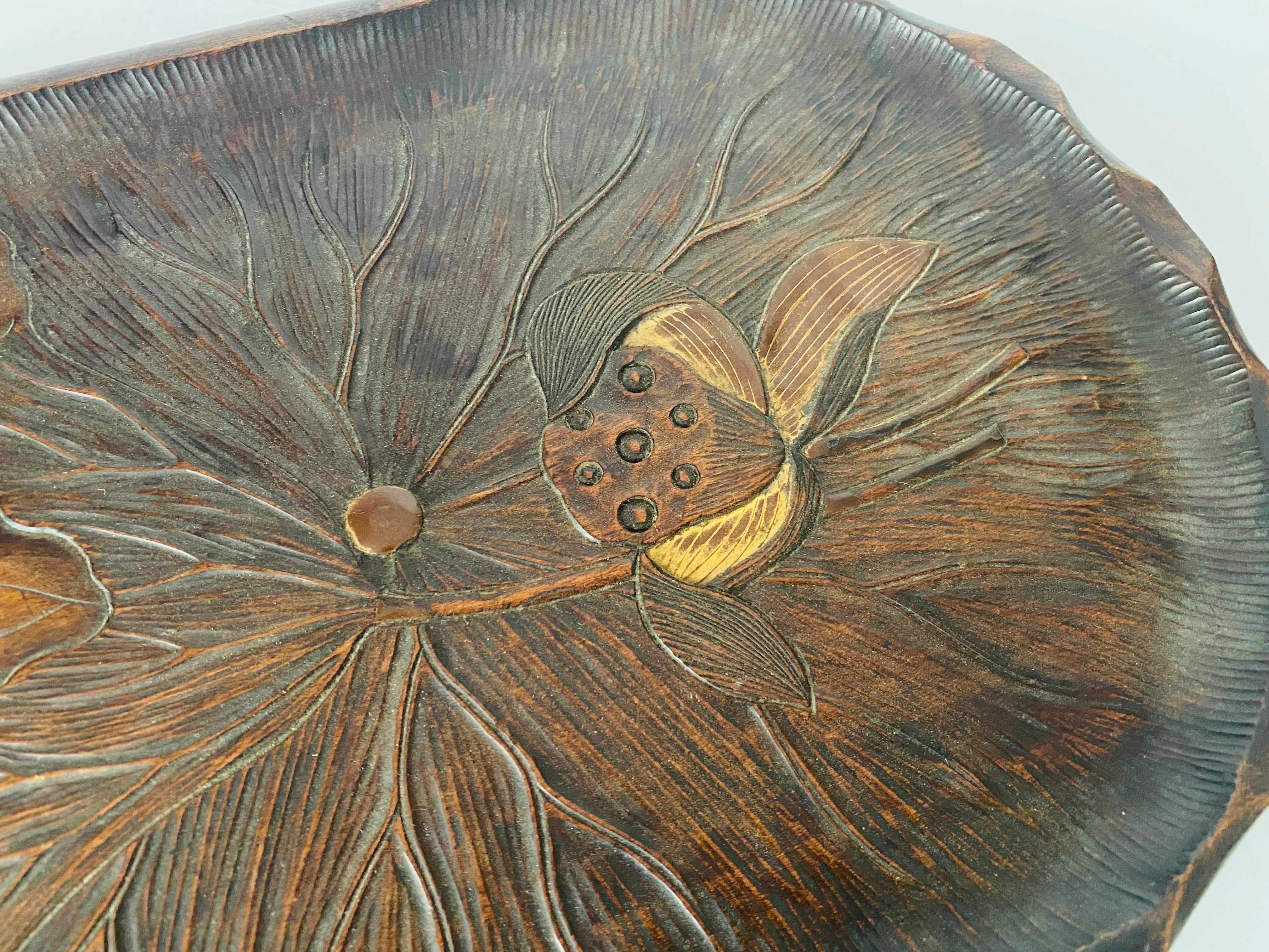 French Art Nouveau Platter in Wood, Brown Color, France circa 1930, Hand Carved For Sale