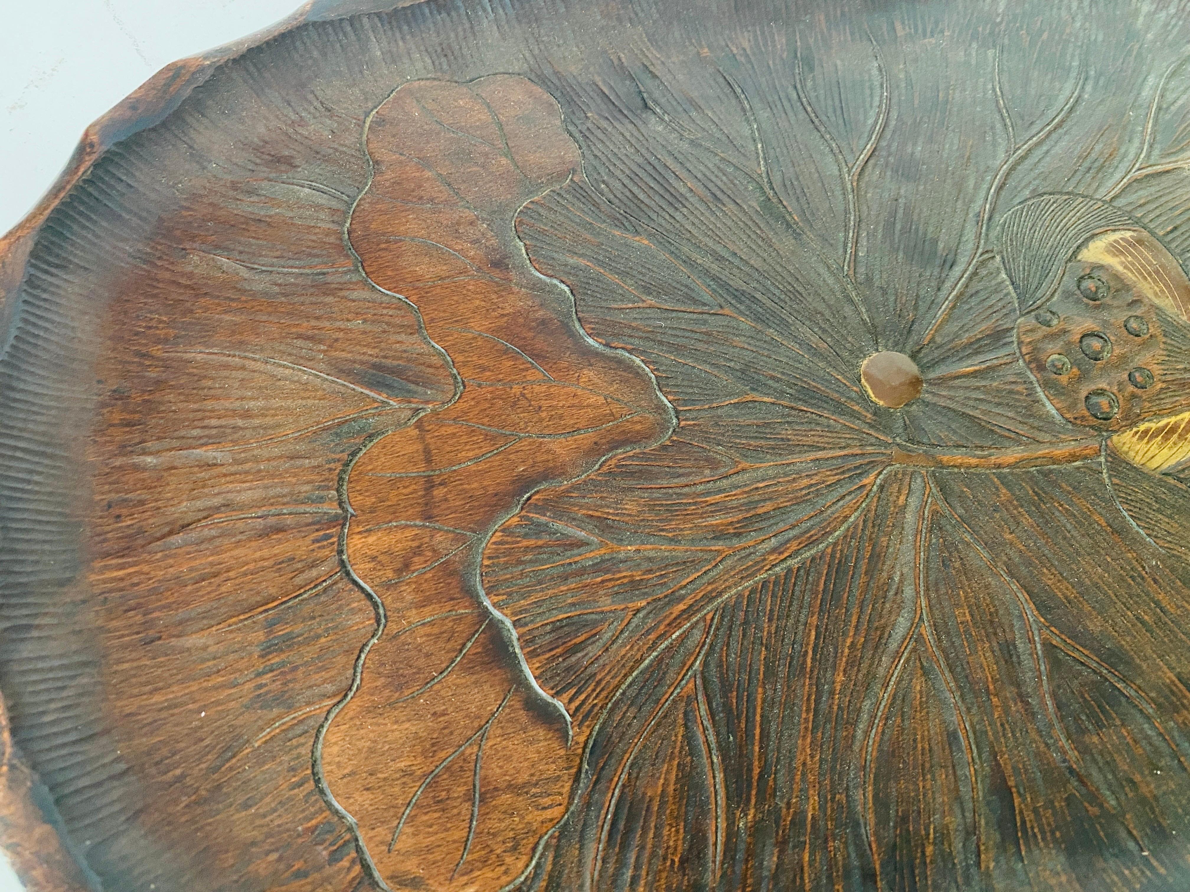 Hand-Carved Art Nouveau Platter in Wood, Brown Color, France circa 1930, Hand Carved For Sale