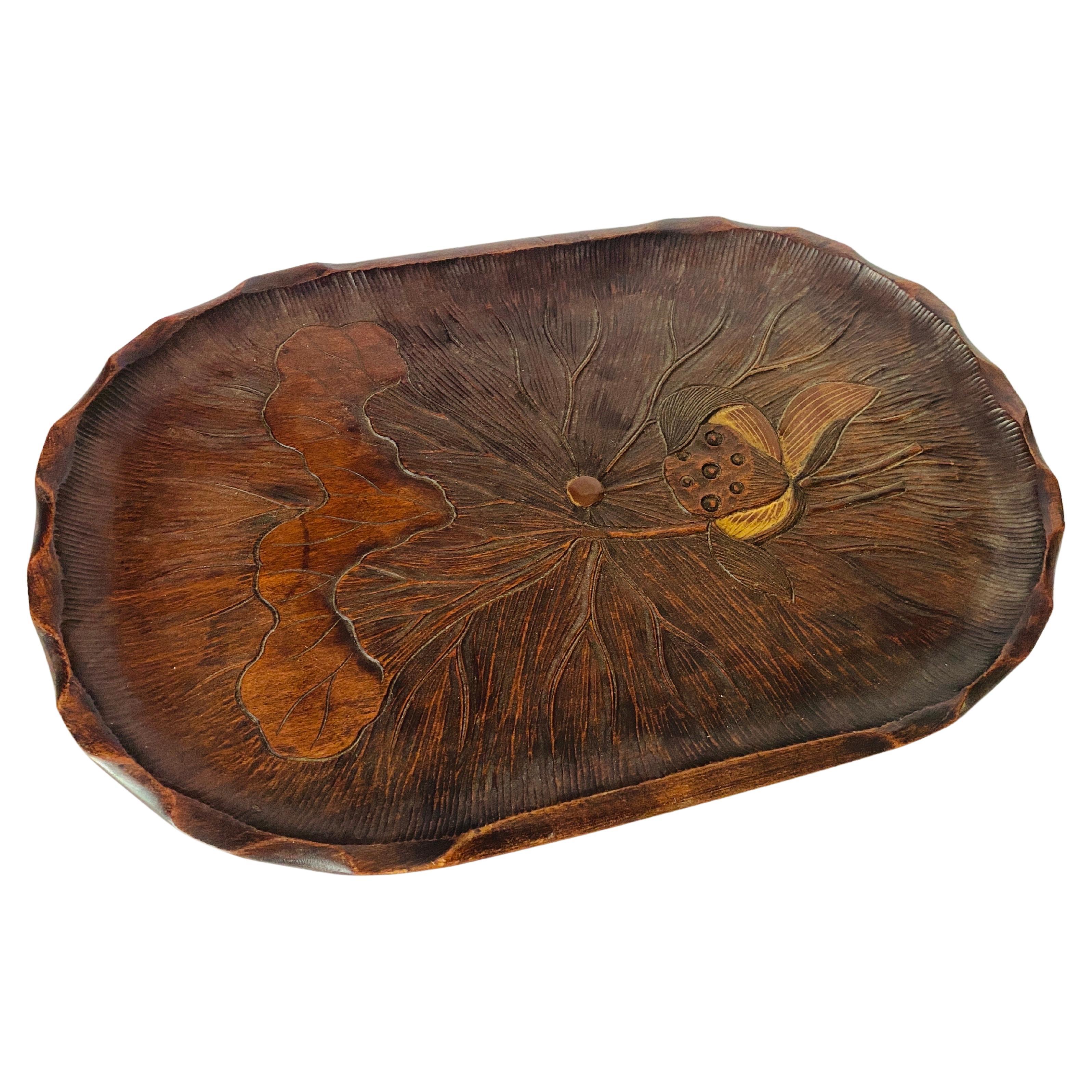 Art Nouveau Platter in Wood, Brown Color, France circa 1930, Hand Carved
