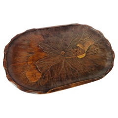 Vintage Art Nouveau Platter in Wood, Brown Color, France circa 1930, Hand Carved