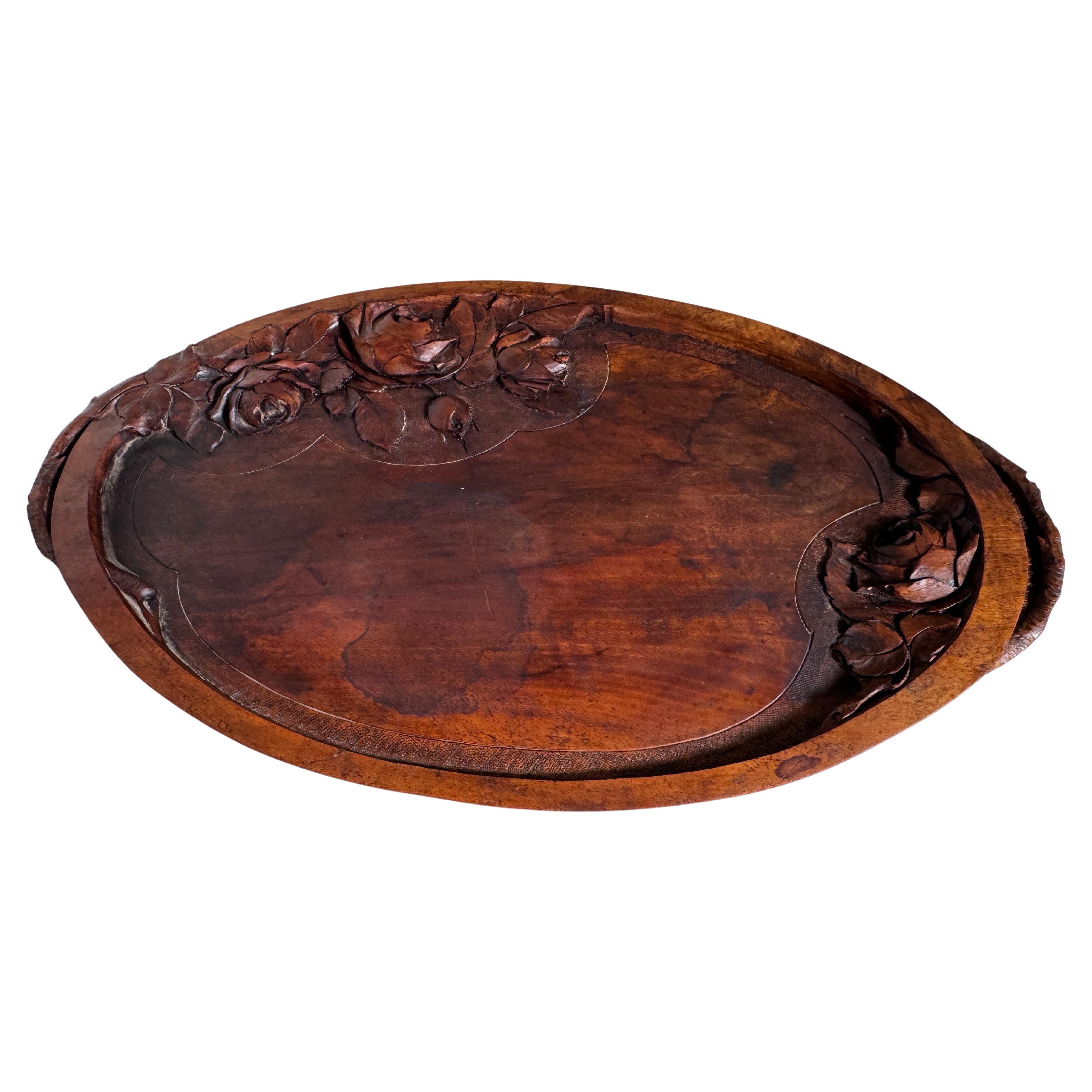 Art Nouveau Platter in Wood, Brown Color, France circa 1930, Hand Carved, Signed