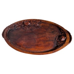 Art Nouveau Platter in Wood, Brown Color, France circa 1930, Hand Carved, Signed