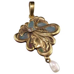 Art Nouveau Plique a Jour 14 Karat Yellow Gold Diamond Pearl Enamel Pendant