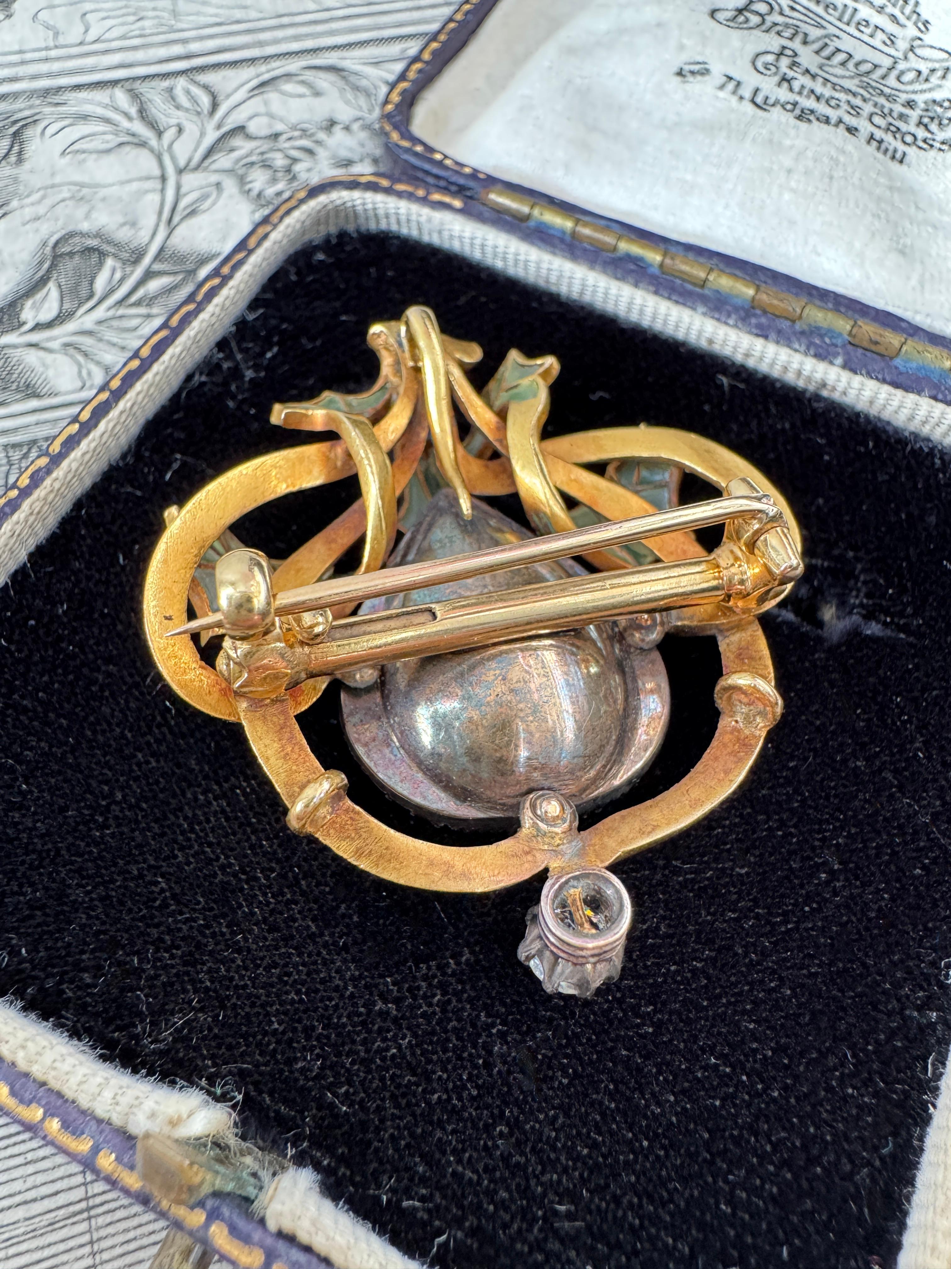 Art Nouveau Plique a Jour and Diamond 18K Holly Pendant Brooch In Fair Condition For Sale In Hummelstown, PA