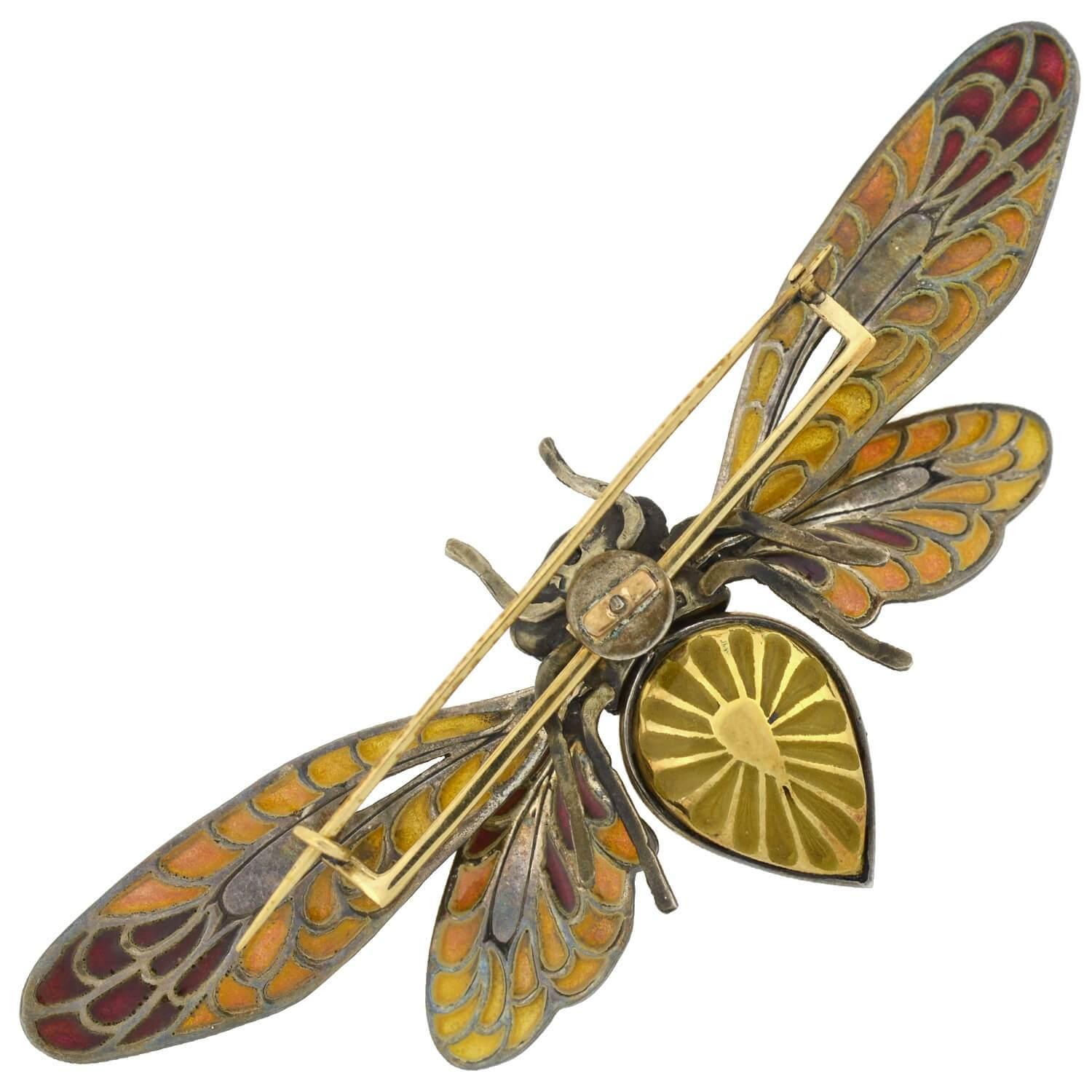 Rose Cut Art Nouveau Plique-à-Jour and Diamond Moveable Winged Insect Pin