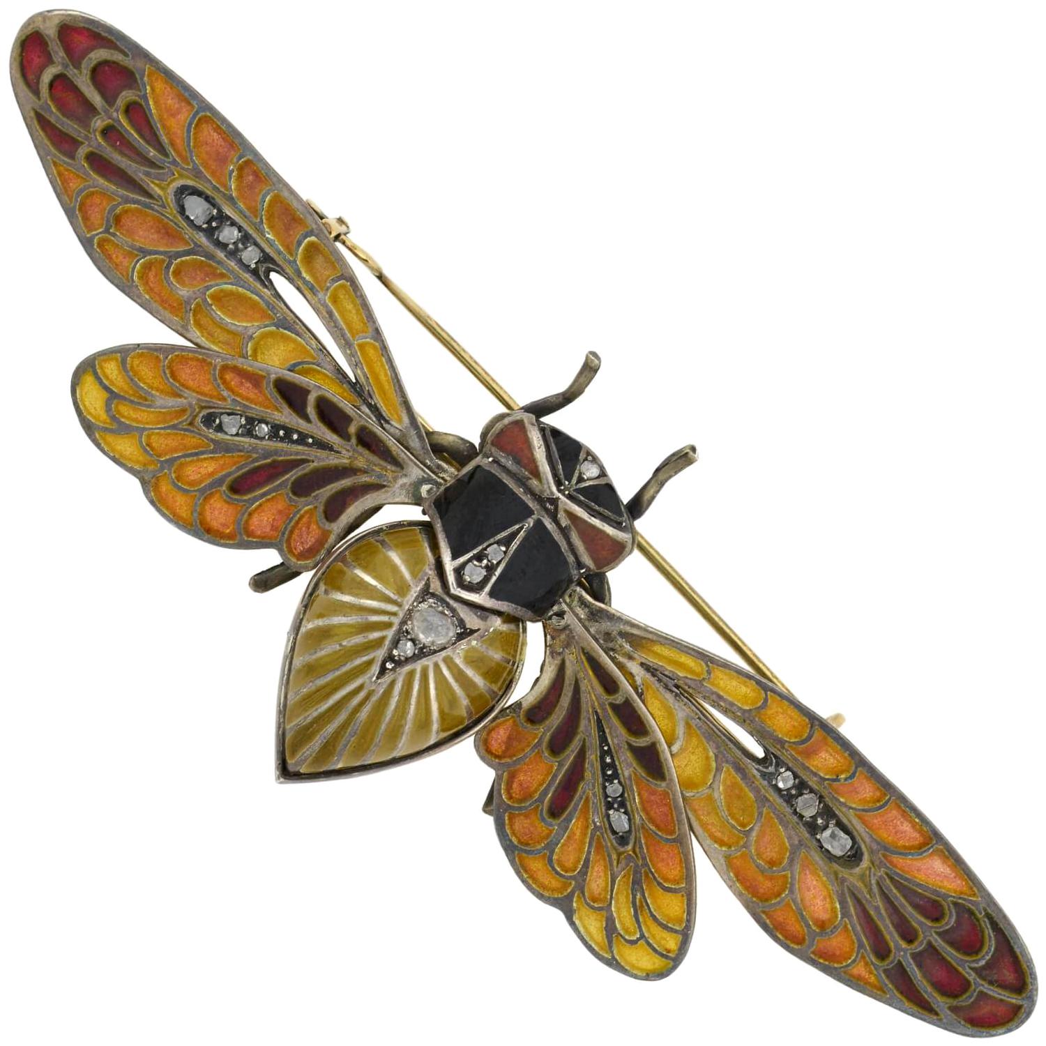Art Nouveau Plique-à-Jour and Diamond Moveable Winged Insect Pin