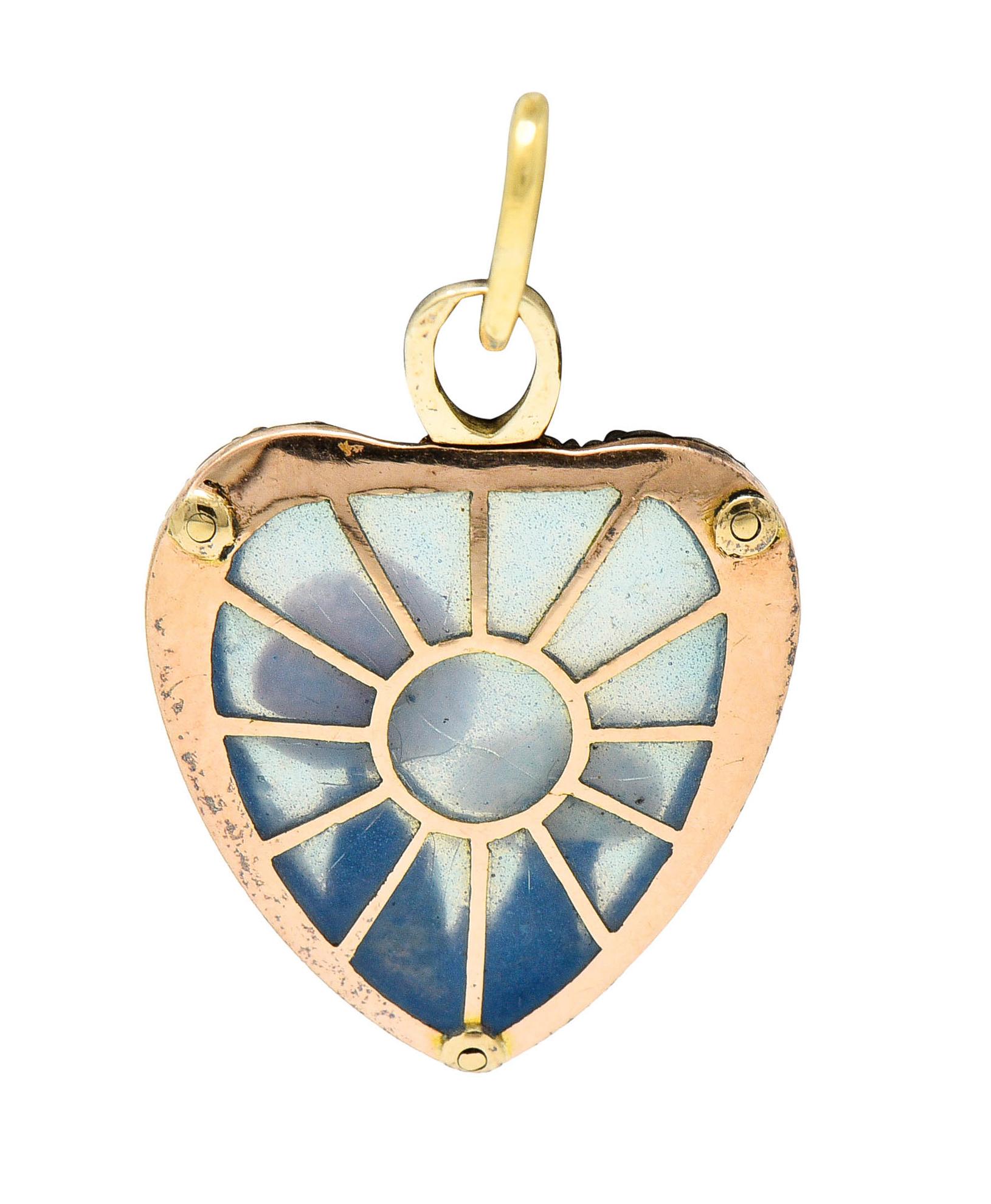 Rose Cut Art Nouveau Plique-A-Jour Diamond Pearl 14 Karat Gold Mushroom Heart Pendant