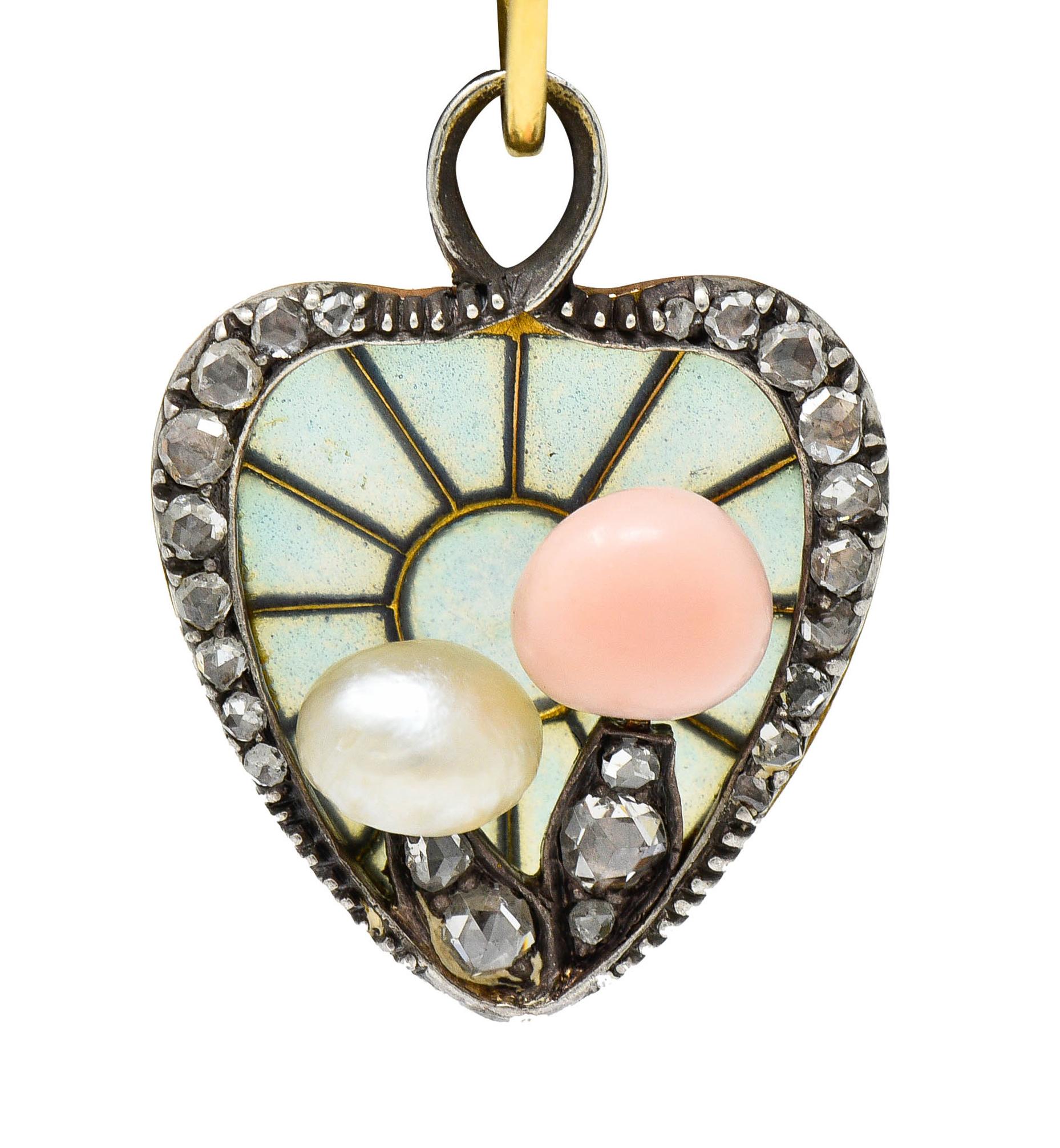 Women's or Men's Art Nouveau Plique-A-Jour Diamond Pearl 14 Karat Gold Mushroom Heart Pendant
