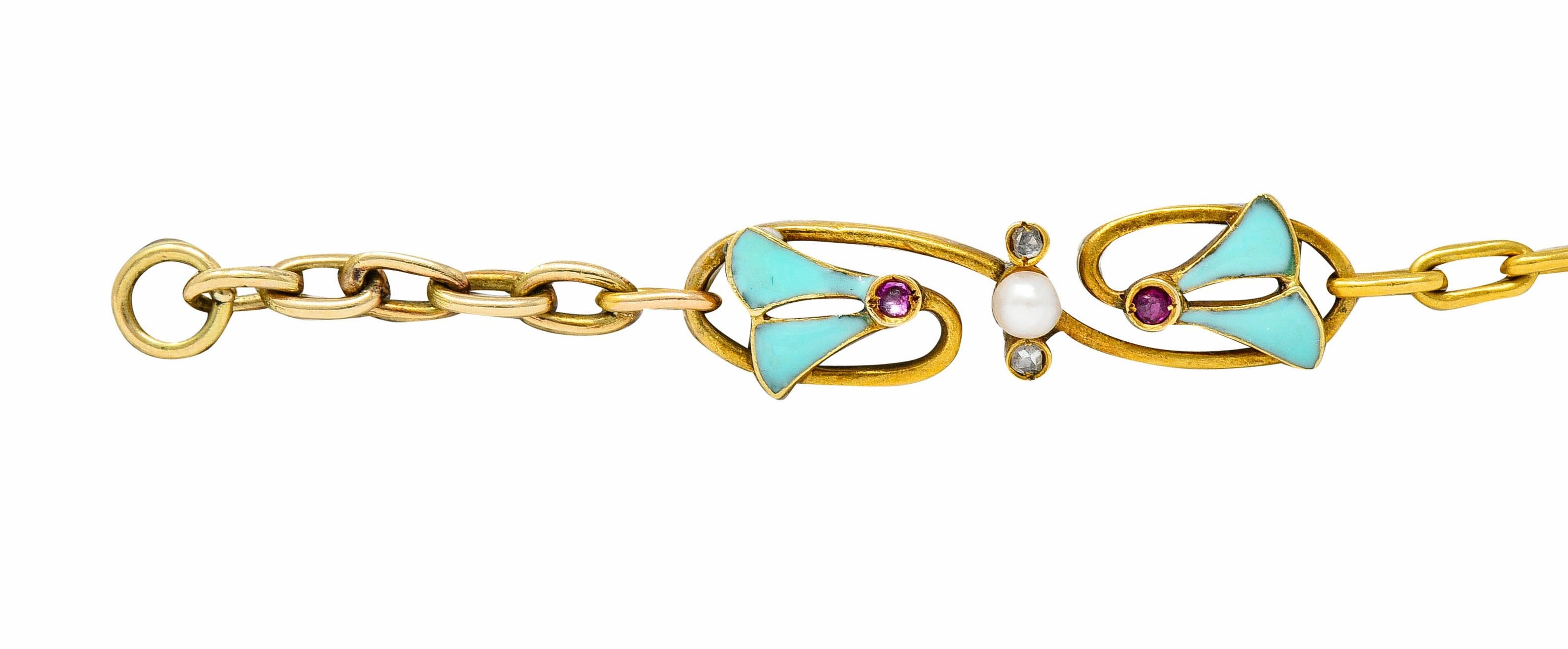 Round Cut Art Nouveau Plique-A-Jour Diamond Pearl 18 Karat Gold Samara Seed Link Bracelet