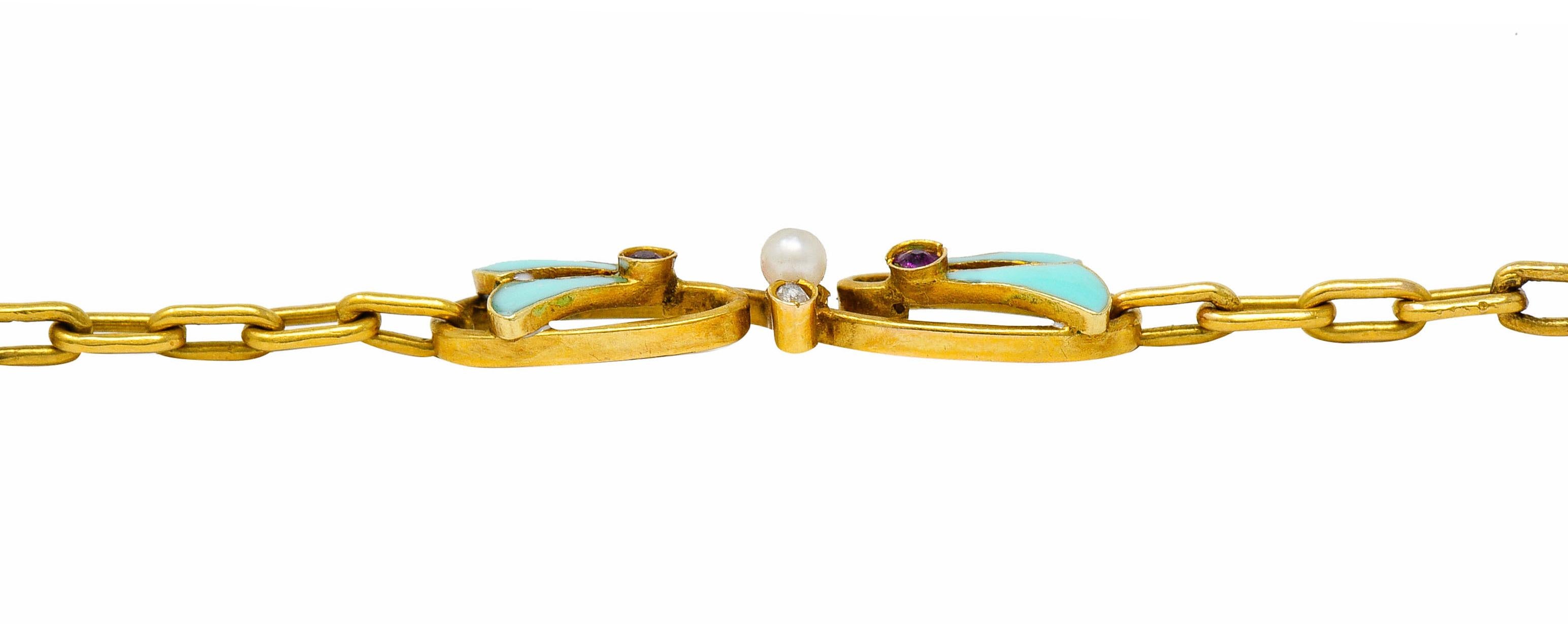 Art Nouveau Plique-A-Jour Diamond Pearl 18 Karat Gold Samara Seed Link Bracelet 2