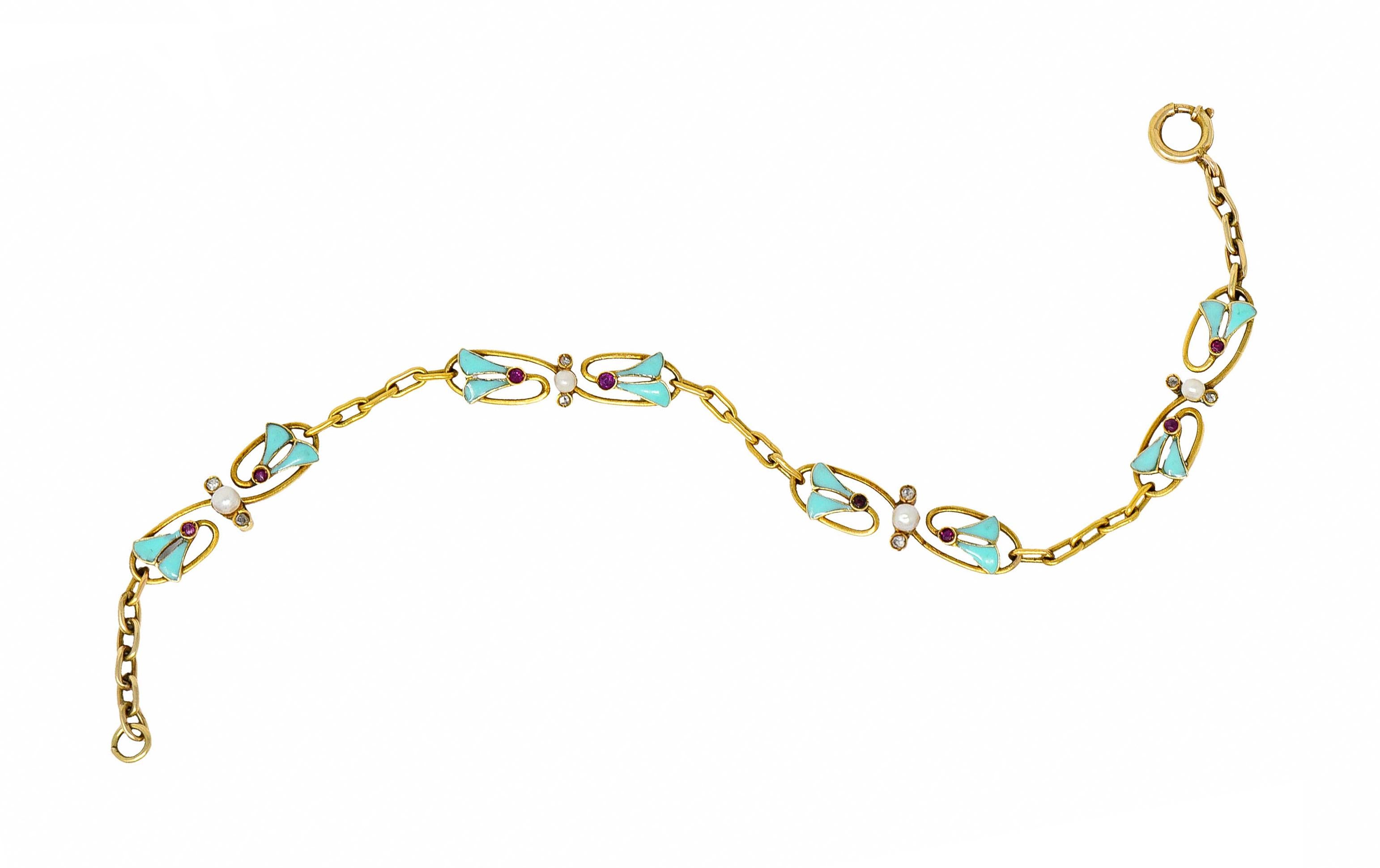 Art Nouveau Plique-A-Jour Diamond Pearl 18 Karat Gold Samara Seed Link Bracelet 3