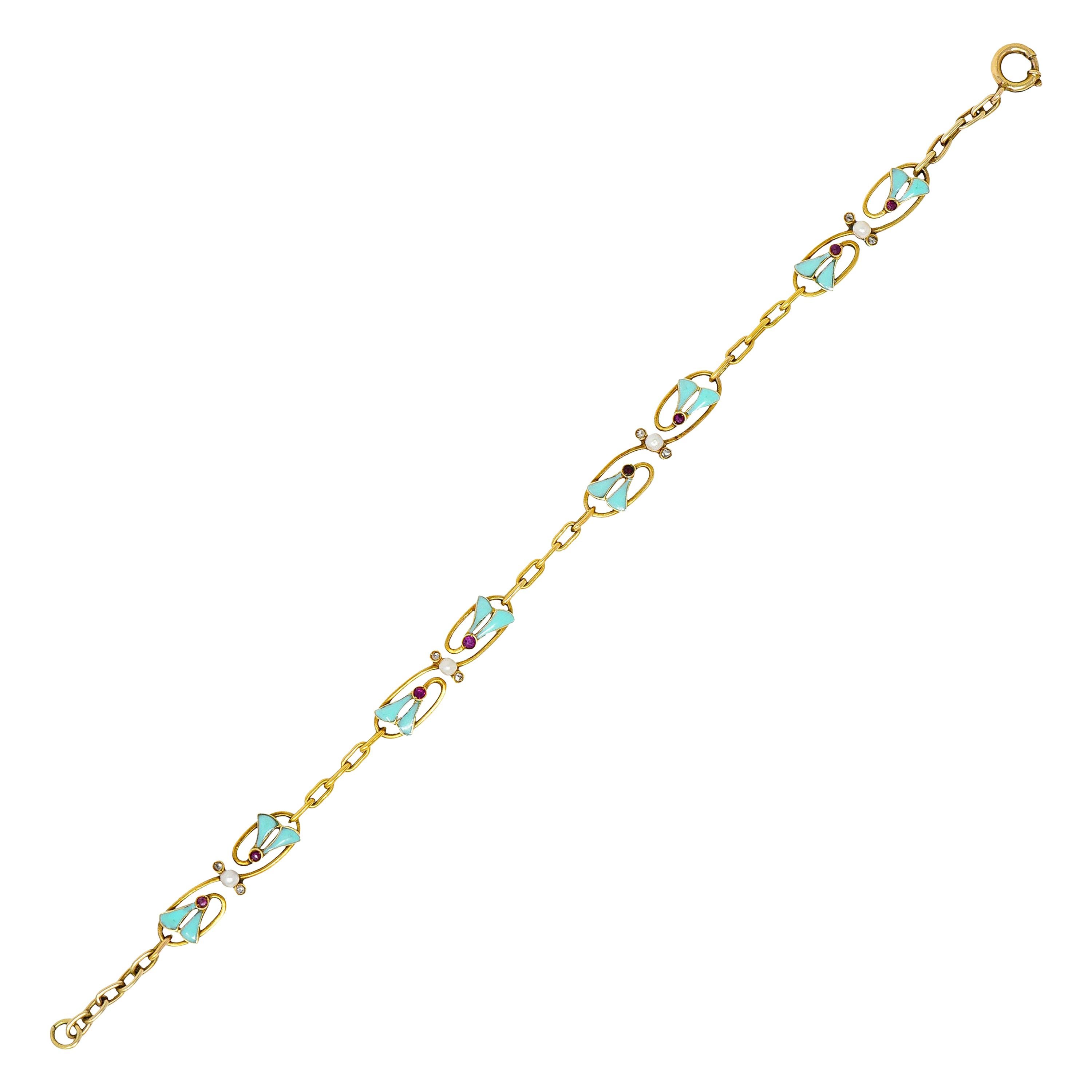 Art Nouveau Plique-A-Jour Diamond Pearl 18 Karat Gold Samara Seed Link Bracelet