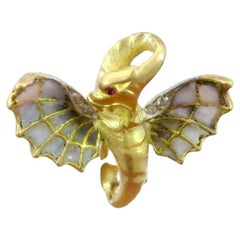Art Nouveau Plique A jour Dragon Stick pin in 14K Yellow Gold