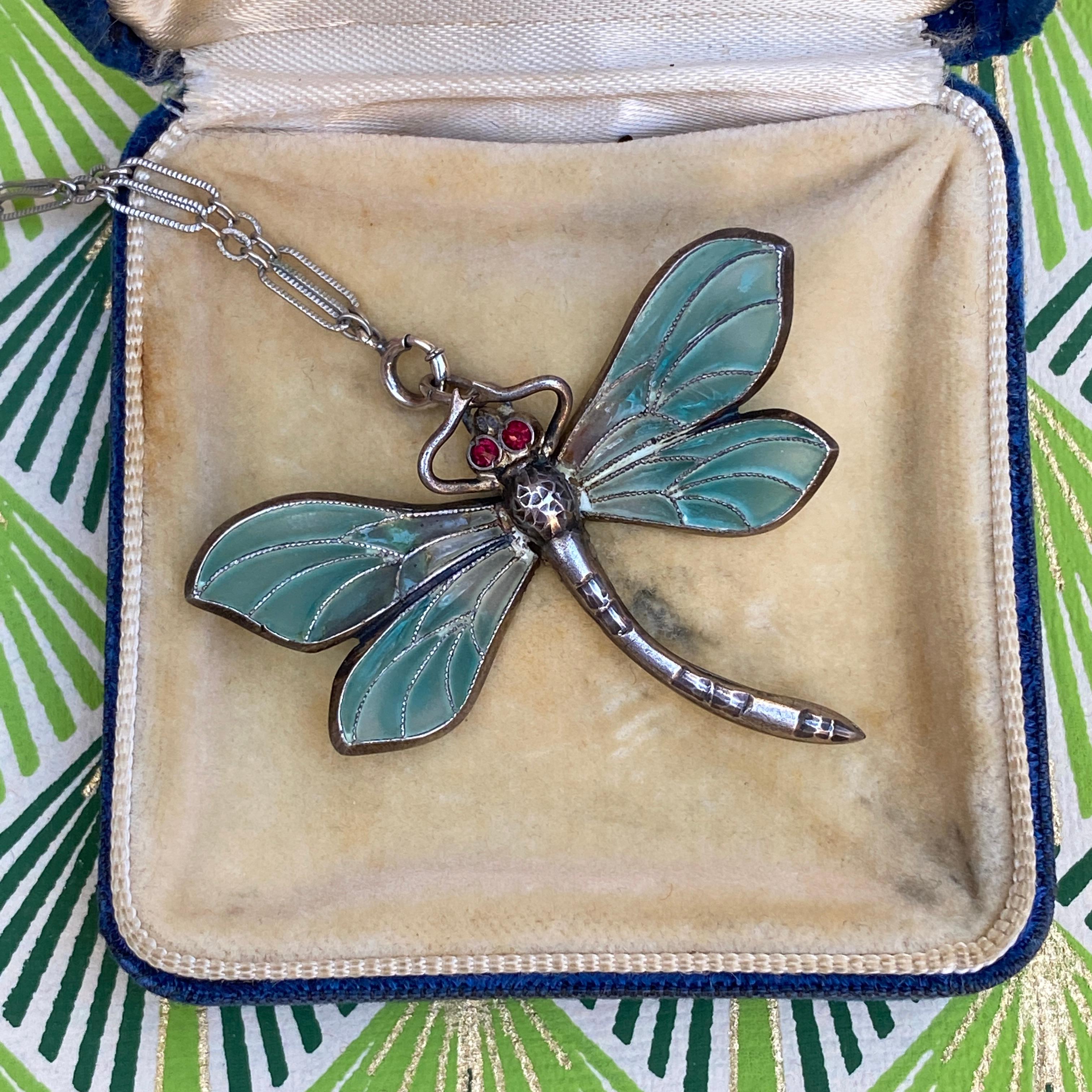Art Nouveau Plique-a-Jour Dragonfly Silver Pendant Necklace For Sale 6