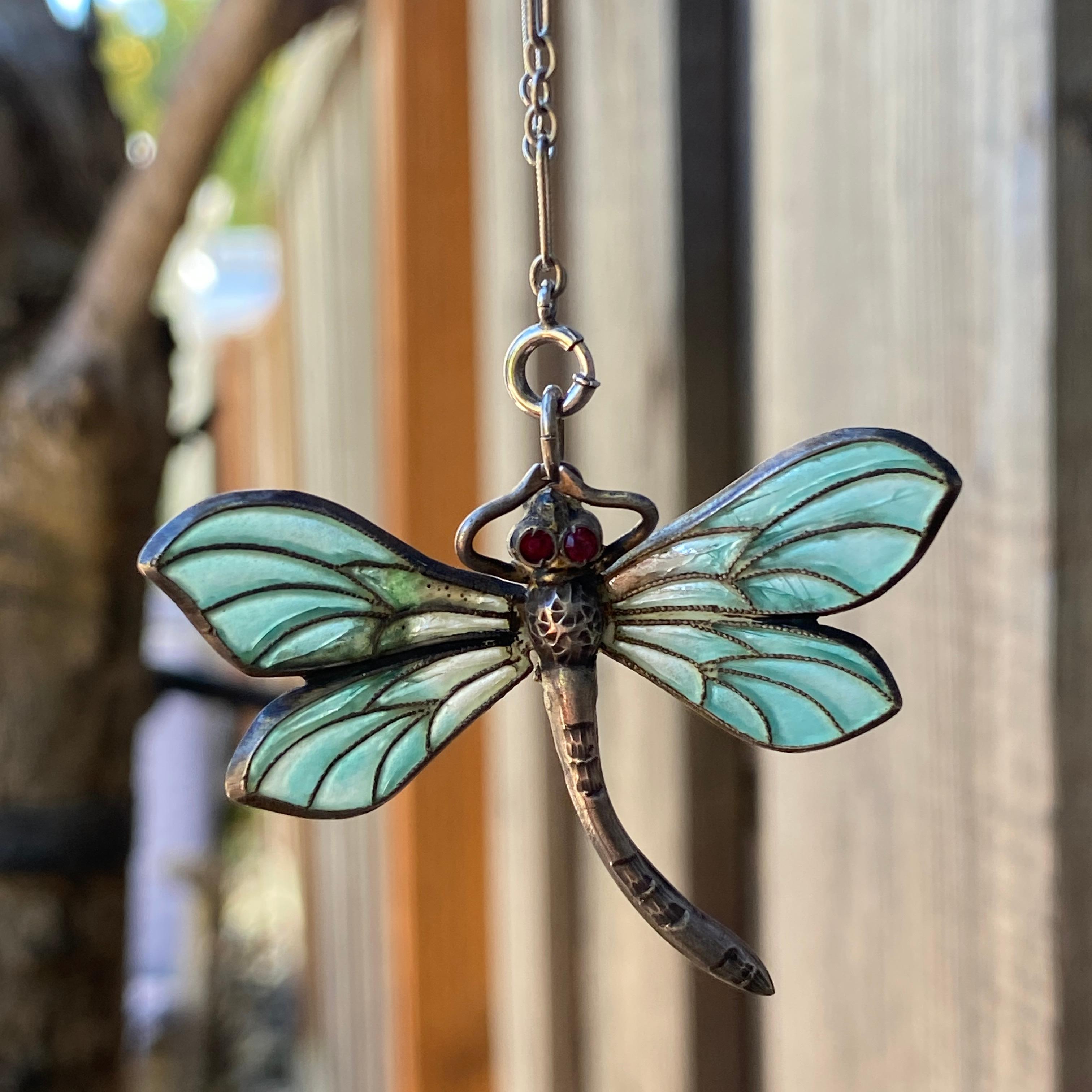Art Nouveau Plique-a-Jour Dragonfly Silver Pendant Necklace For Sale 7