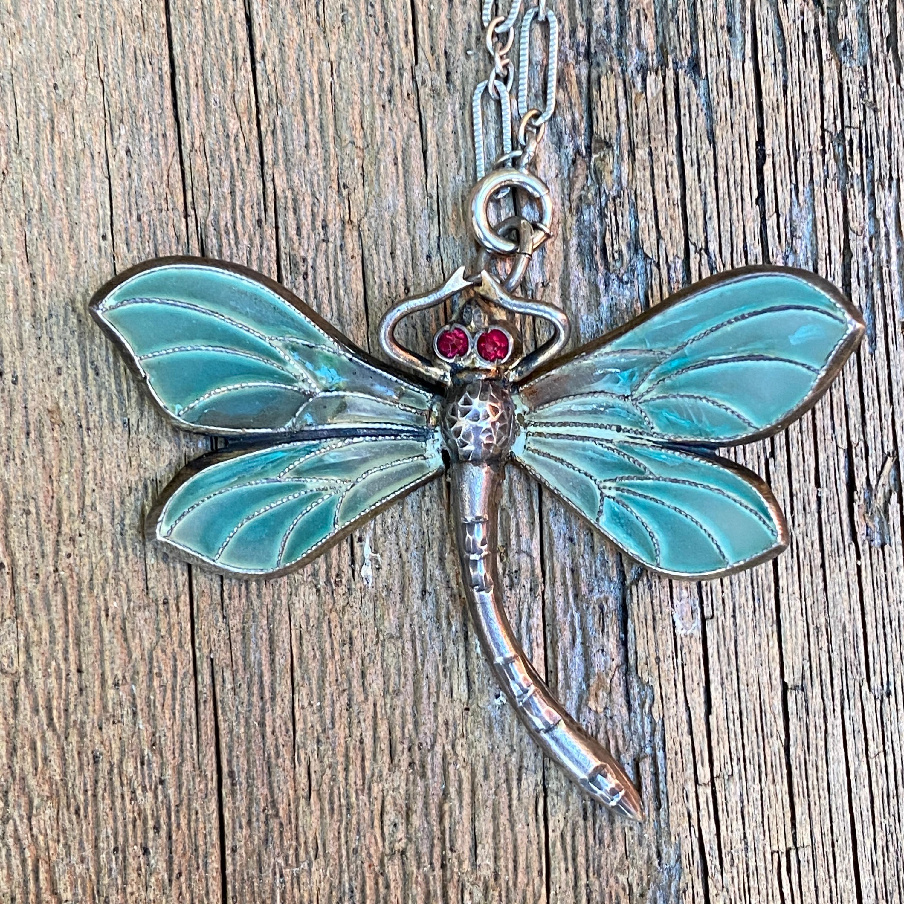 Art Nouveau Plique-a-Jour Dragonfly Silver Pendant Necklace For Sale 8