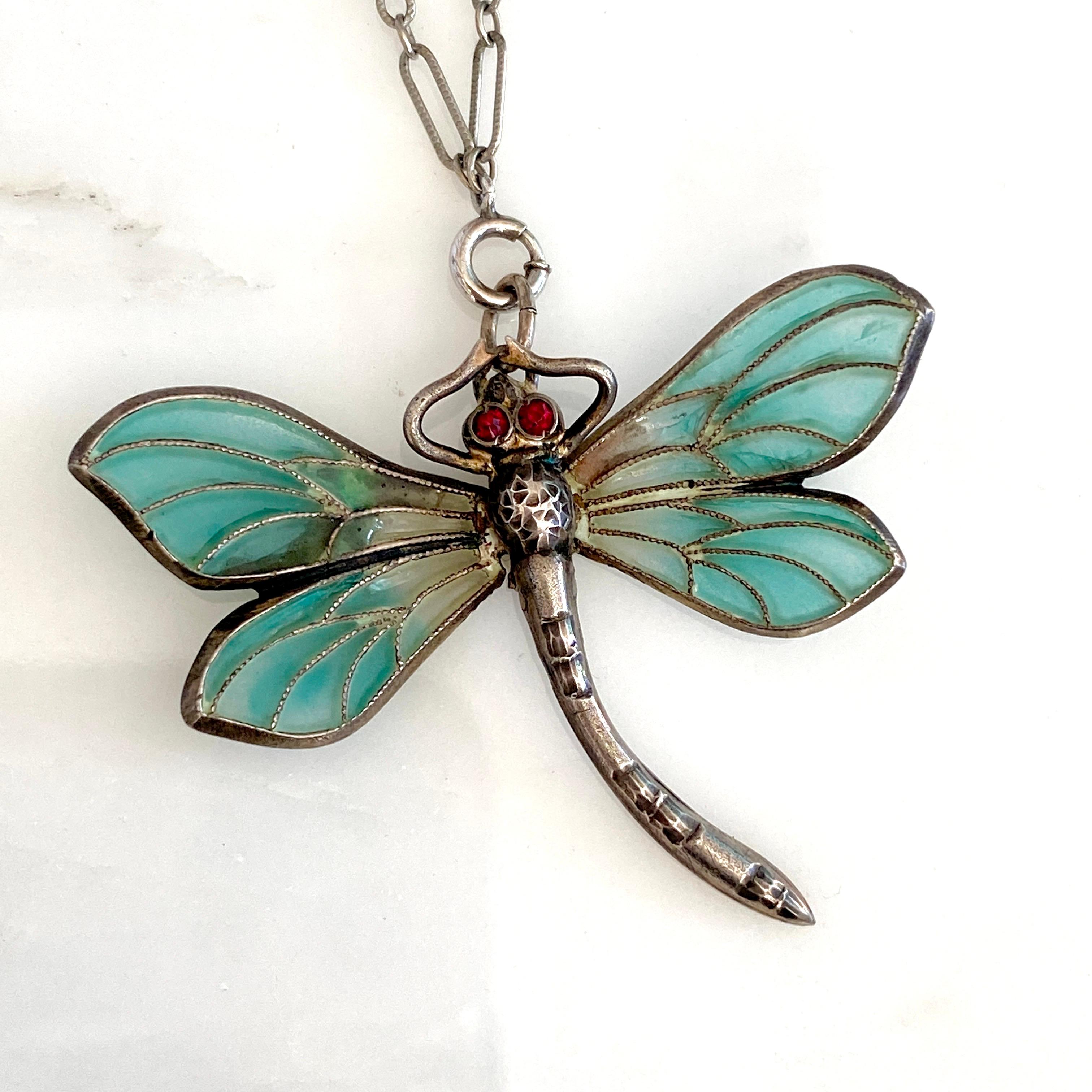 Art Nouveau Plique-a-Jour Dragonfly Silver Pendant Necklace For Sale 9