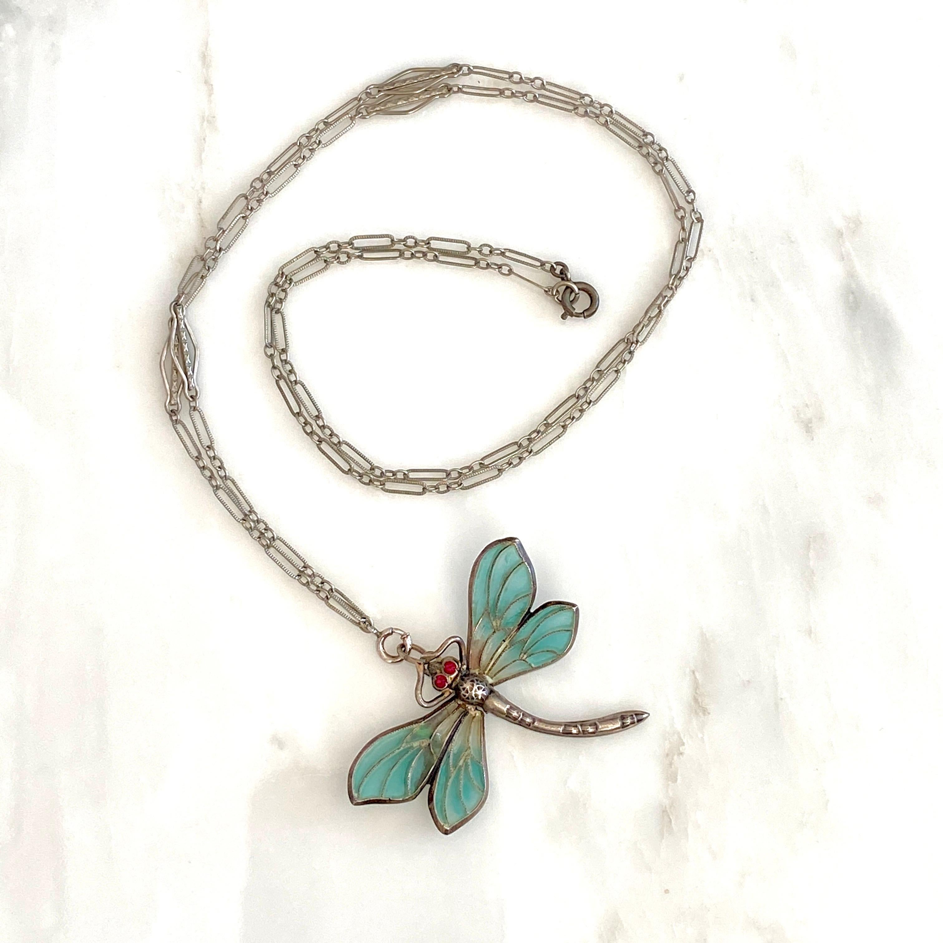 Art Nouveau Plique-a-Jour Dragonfly Silver Pendant Necklace en vente 12