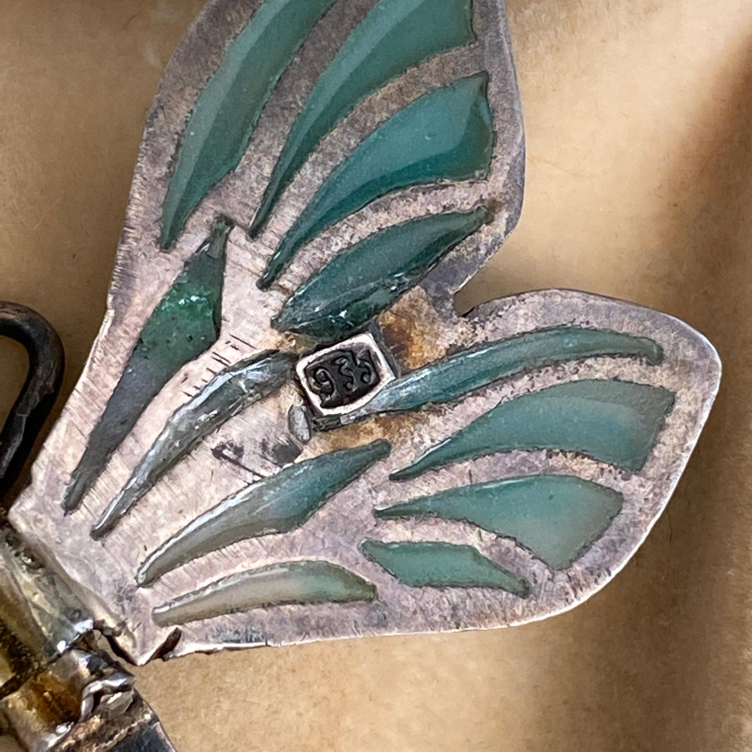 Art Nouveau Plique-a-Jour Dragonfly Silver Pendant Necklace For Sale 12