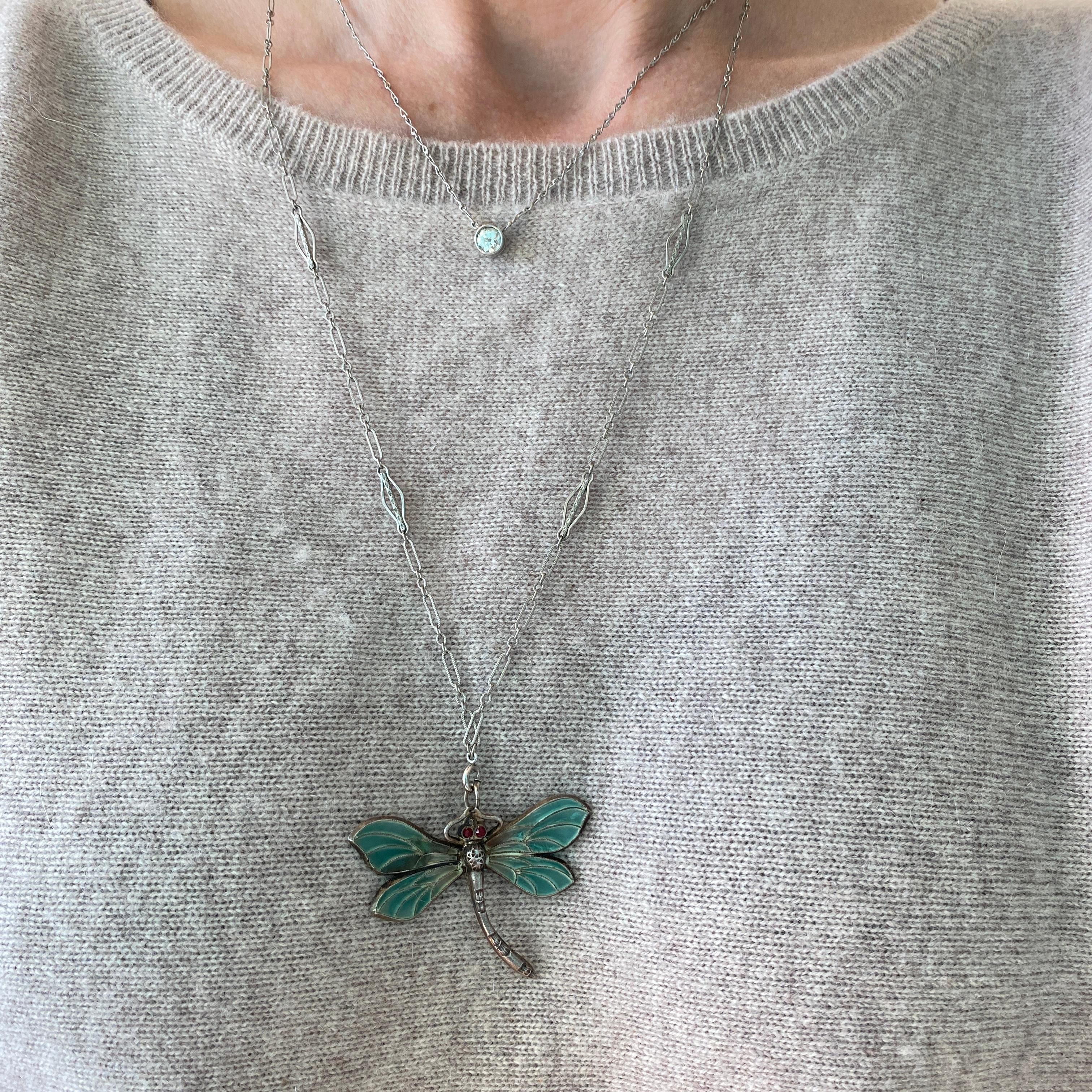 Art nouveau Art Nouveau Plique-a-Jour Dragonfly Silver Pendant Necklace en vente