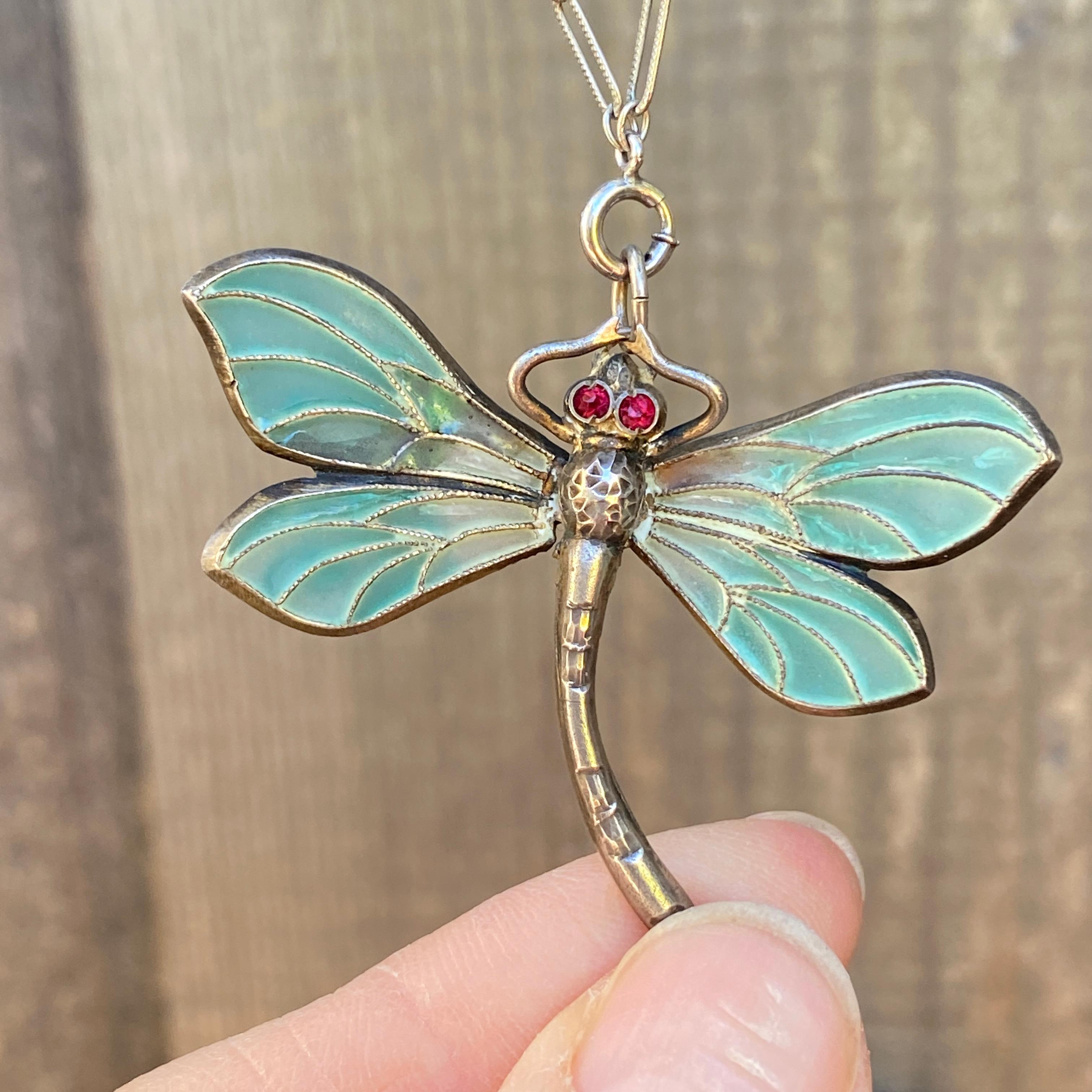 Art Nouveau Plique-a-Jour Dragonfly Silver Pendant Necklace For Sale 2