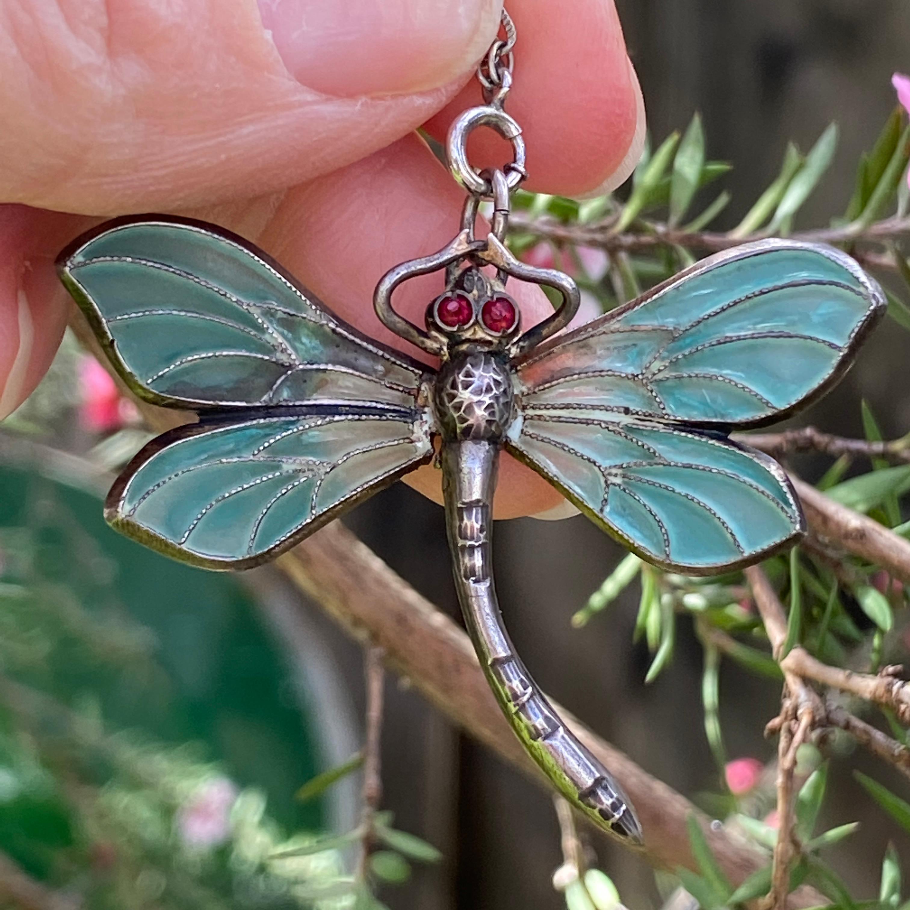 Women's Art Nouveau Plique-a-Jour Dragonfly Silver Pendant Necklace For Sale