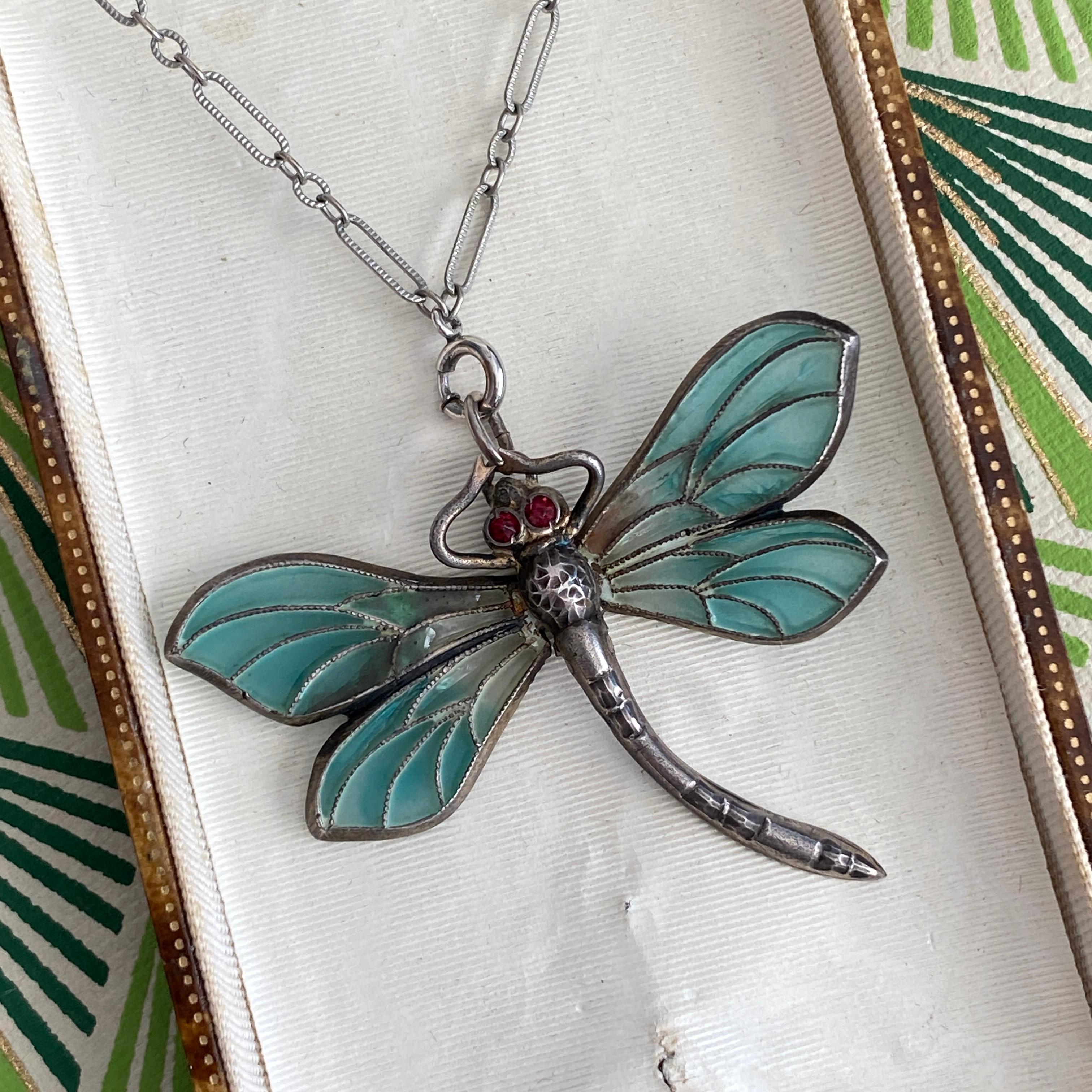 Art Nouveau Plique-a-Jour Dragonfly Silver Pendant Necklace For Sale 3